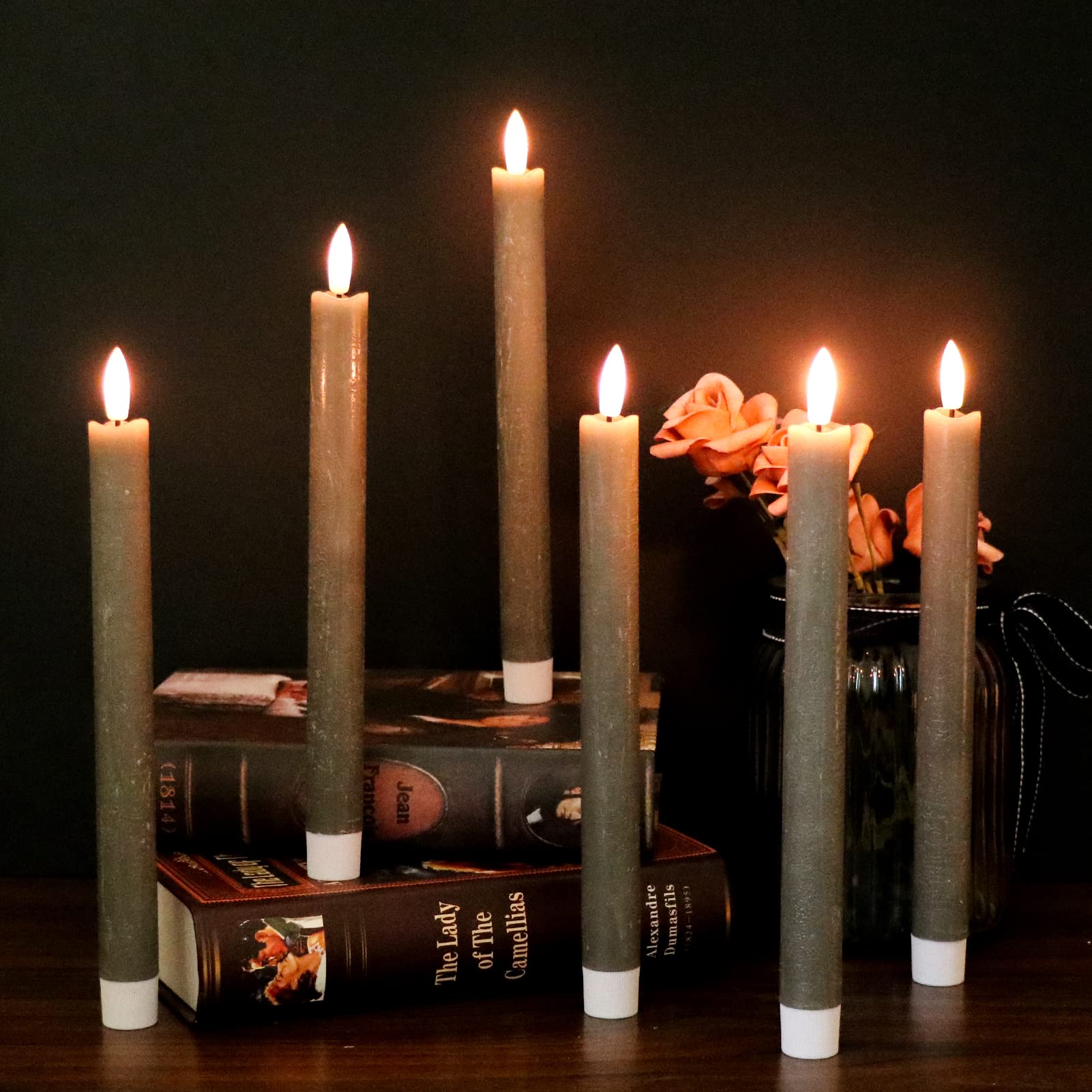 Genswin Flameless Grey Taper Candles Flickering With 10 Key Remote, Battery Operated Led Warm 3D Wick Light Window Candles Real