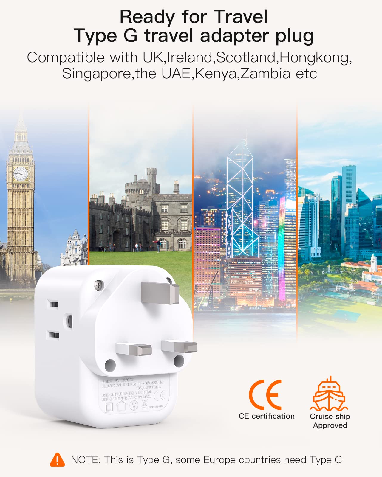 [2 Pack] Us To Uk Travel Plug Adapter, Type G Power Adapter With 3 Ac And 3 Usb(2 Usb C), International Plug Adapter, Travel Ess
