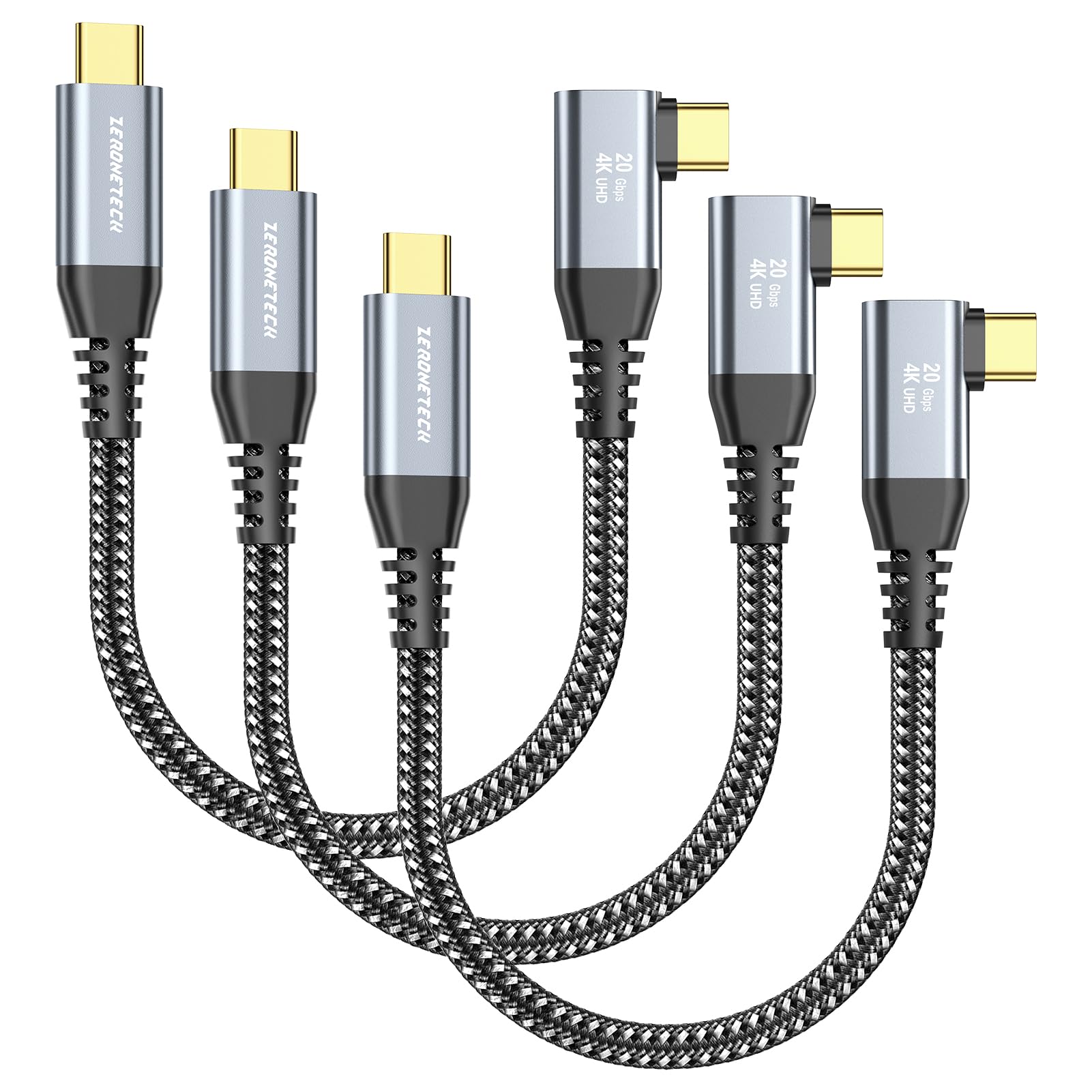 Zeroneteck Usb C To Usb C Cable (1Ft 3 Pack), 4K Usb C Monitor Cable Right Angle, Uhd Usb Type C Video Output, 20Gbps 100W Fast 