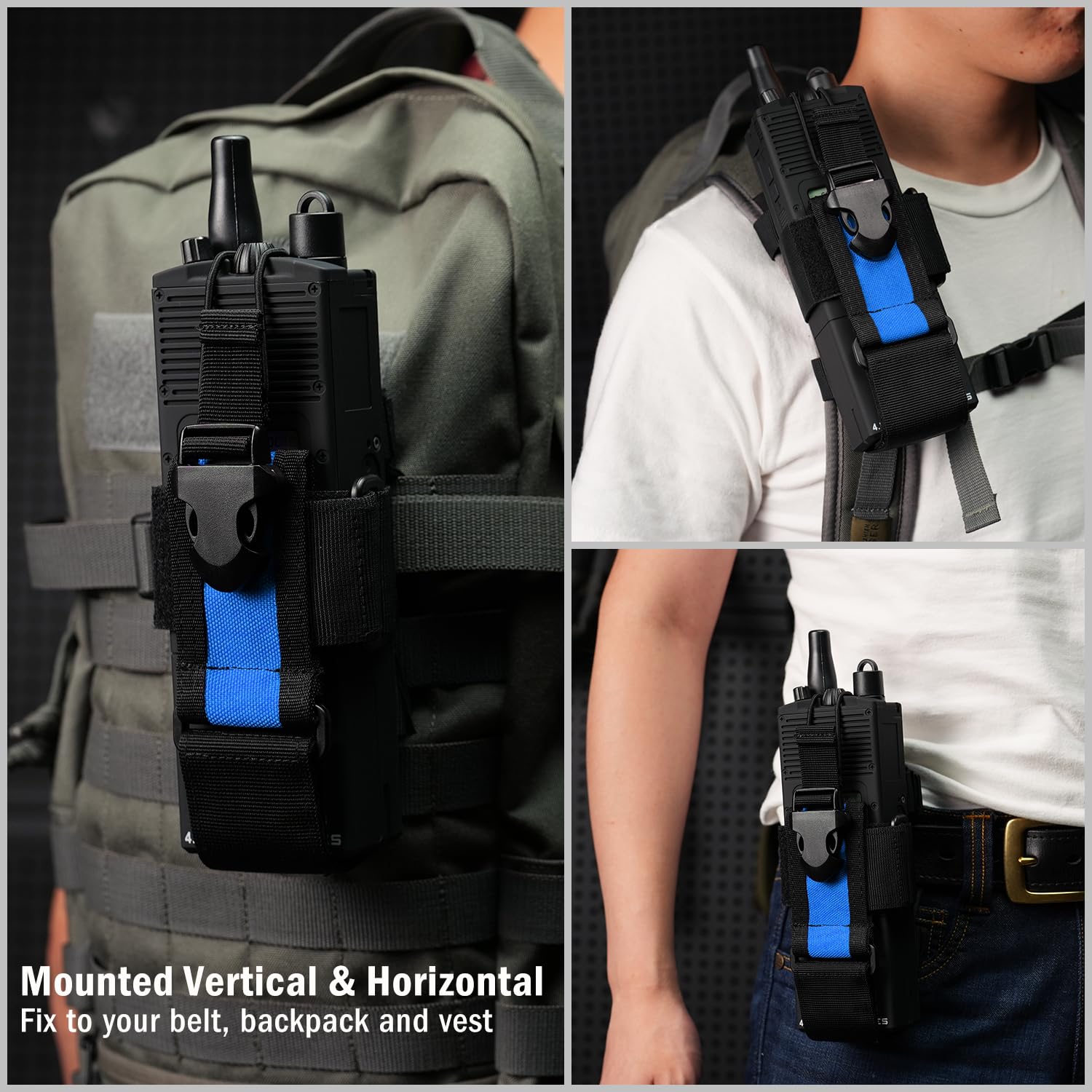Viperade Radio Holster, Molle Radio Pouch For Vest, Universal Walkie Talkie Holster Radio Holder For Duty Belt, Police Radio Holder Tactical Radio Pouch For Baofeng, Motorola (Black+Blue)