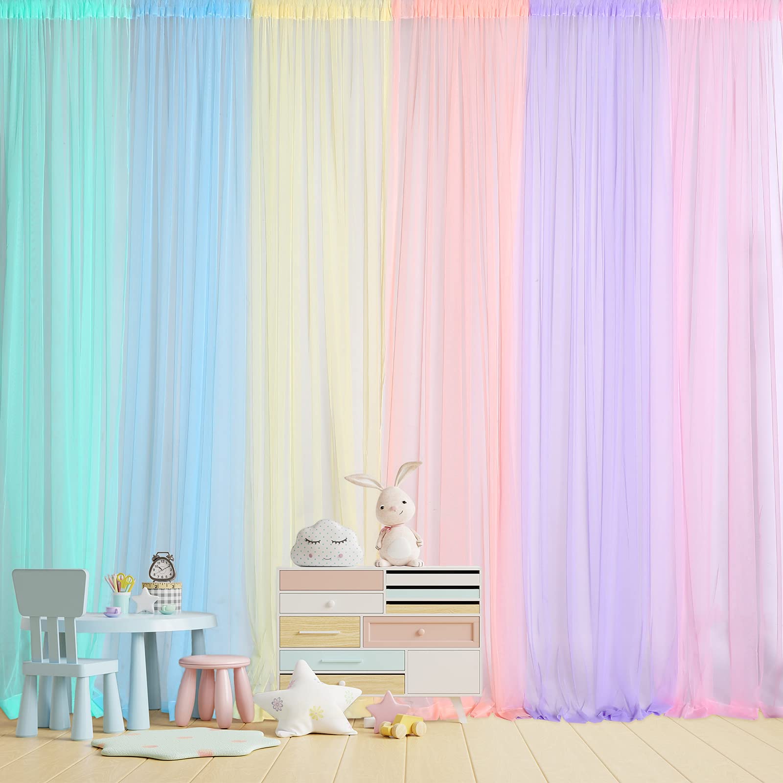 Pastel Rainbow Backdrop Curtains Sheer Curtain Tulle Panels Curtain For Kid Baby Shower Unicorn Birthday Party Window Classroom