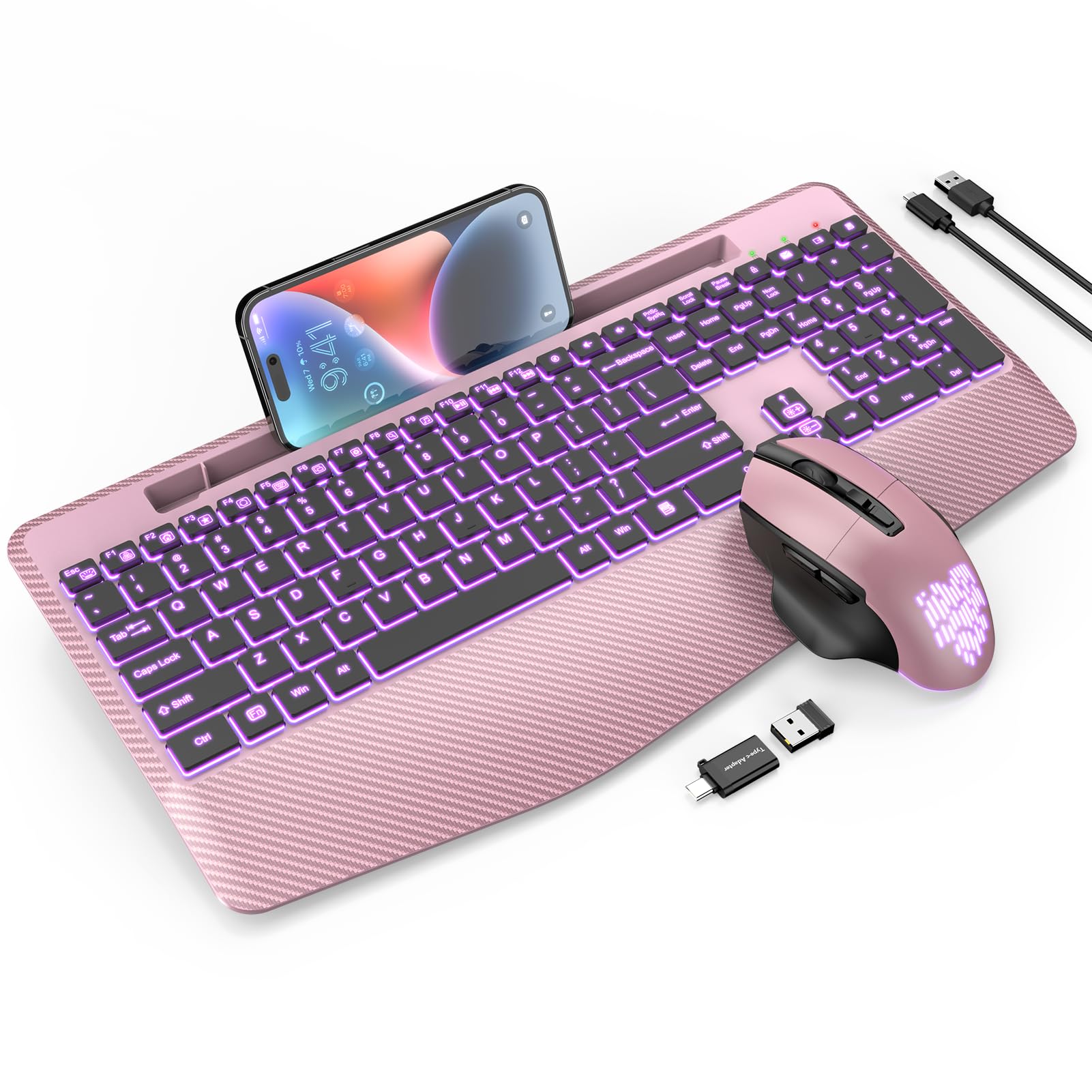 Wireless Keyboard And Mouse Backlits, Wrist Rest, Jiggler Mouse, Rechargeable Ergonomic Keyboard With Phone Holder, Silent Light