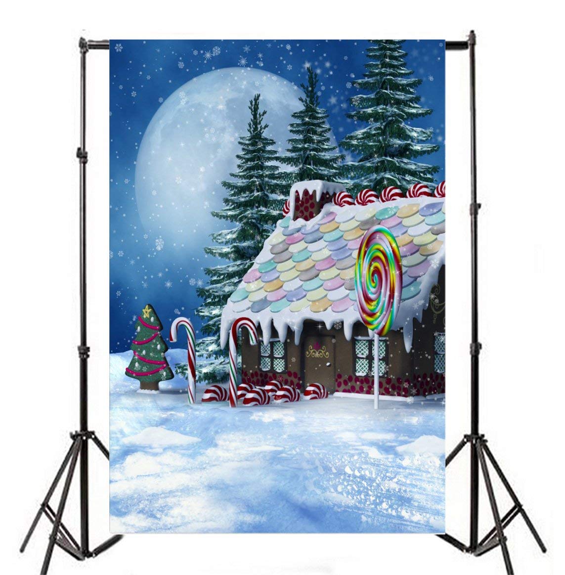 Laeacco 6X8Ft Gingerbread House Christmas Backdrop Colorful Candy House Snow Landscape Christmas Photo Backdrop Lollipops Full M