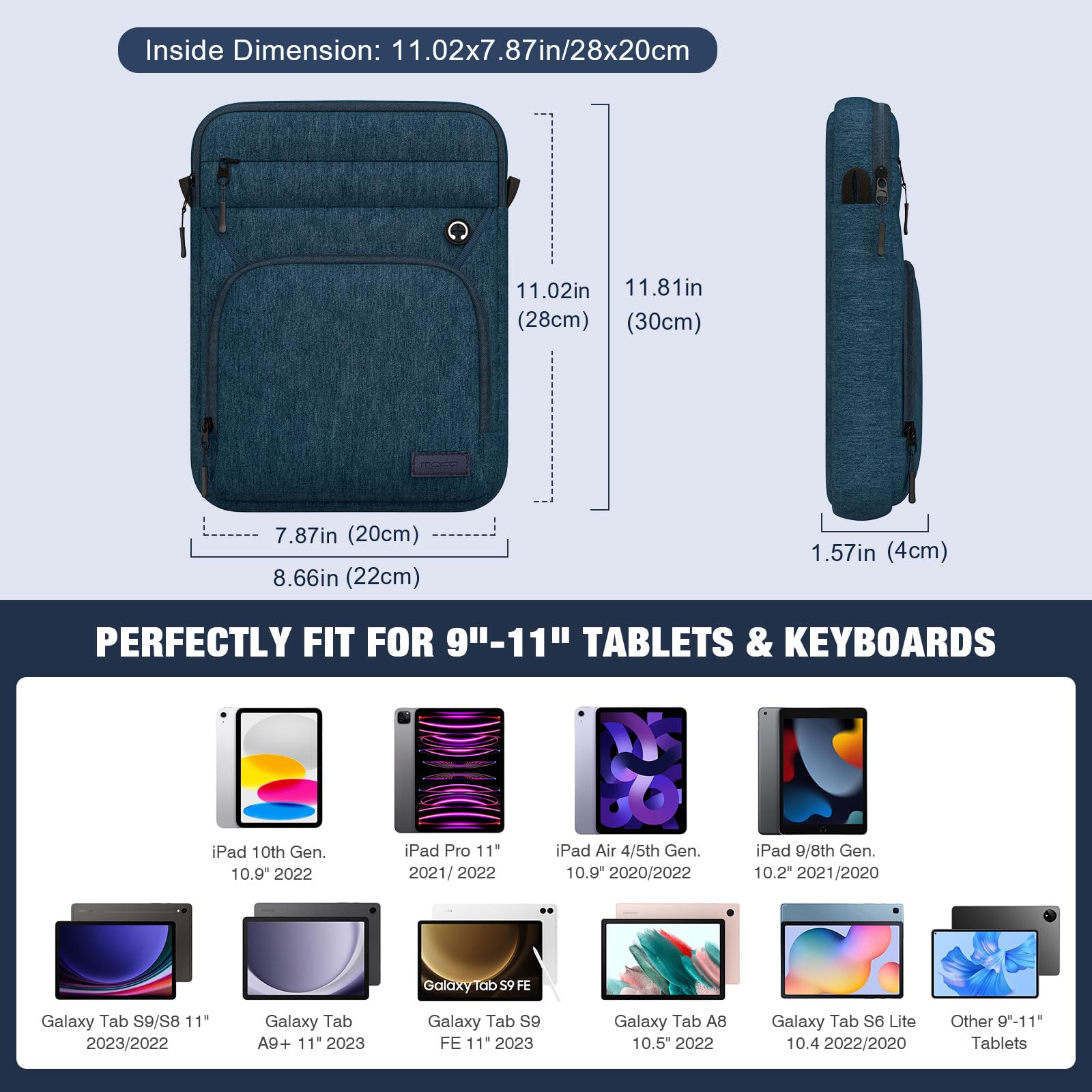 MoKo 9 11 Inch Tablet Sleeve Bag, Fits iPad Air 5 10.9' 2022, iPad 9/8/7th 10.2, iPad 10th 10.9, iPad Pro 11 M2 2022 2018, Multifunctional Bag with Shoulder and Headphone Port, Indigo