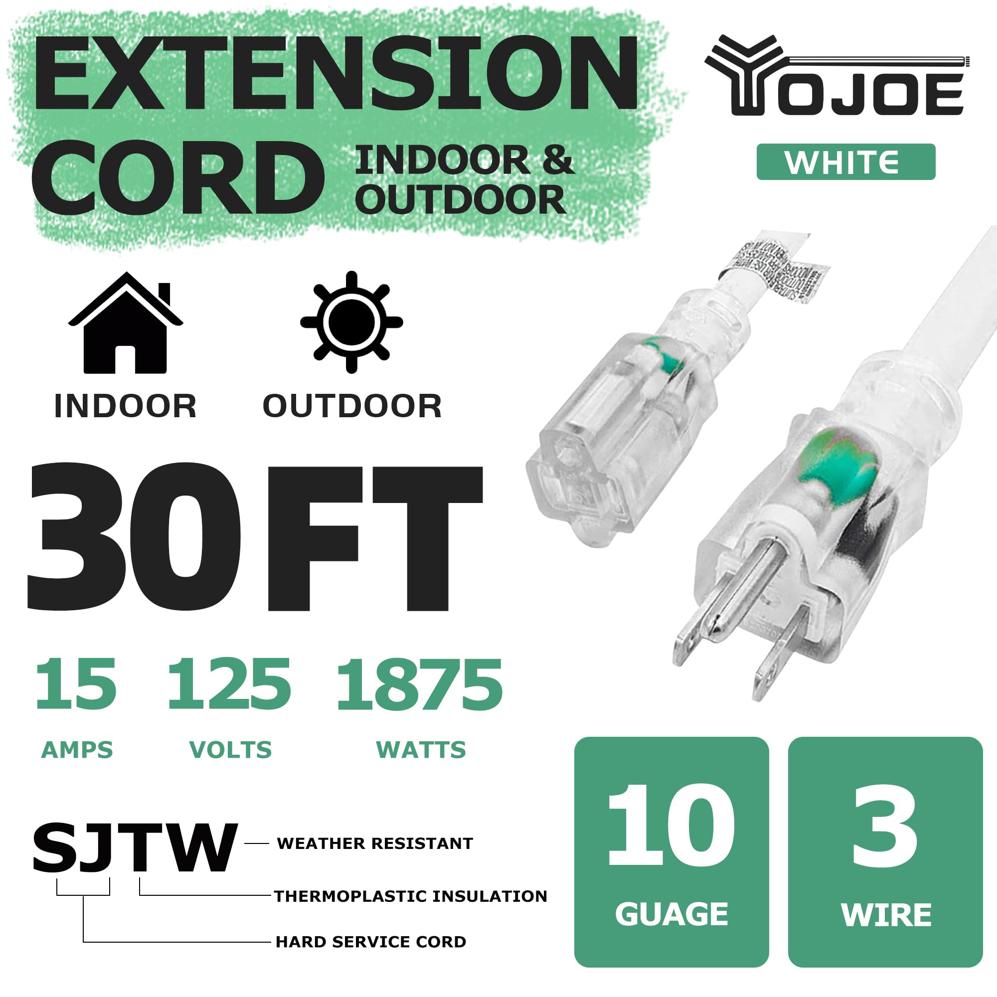 Yojoe Indoor Outdoor Extension Cord With Lighted End, 3 Prong 15A Weatherproof Power Extension Cord, 10 Gauge Heavy Duty 30 Ft W