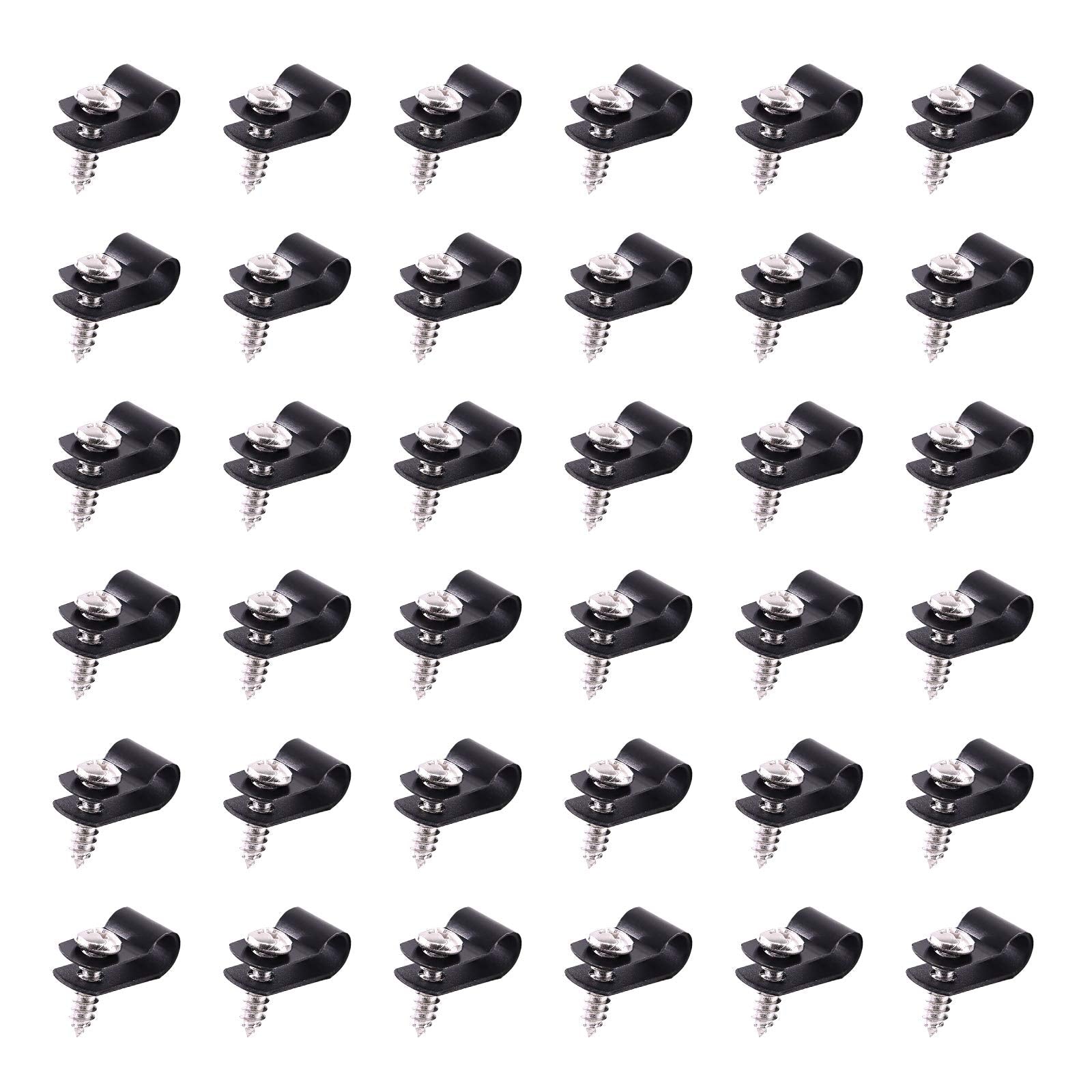 Swpeet 60 Pack Black 1/4 Inch Nylon Plastic R Type Cable Clips Clamp Kit, Nylon Screw Mounting Cord Fastener Clips With 60 Pack