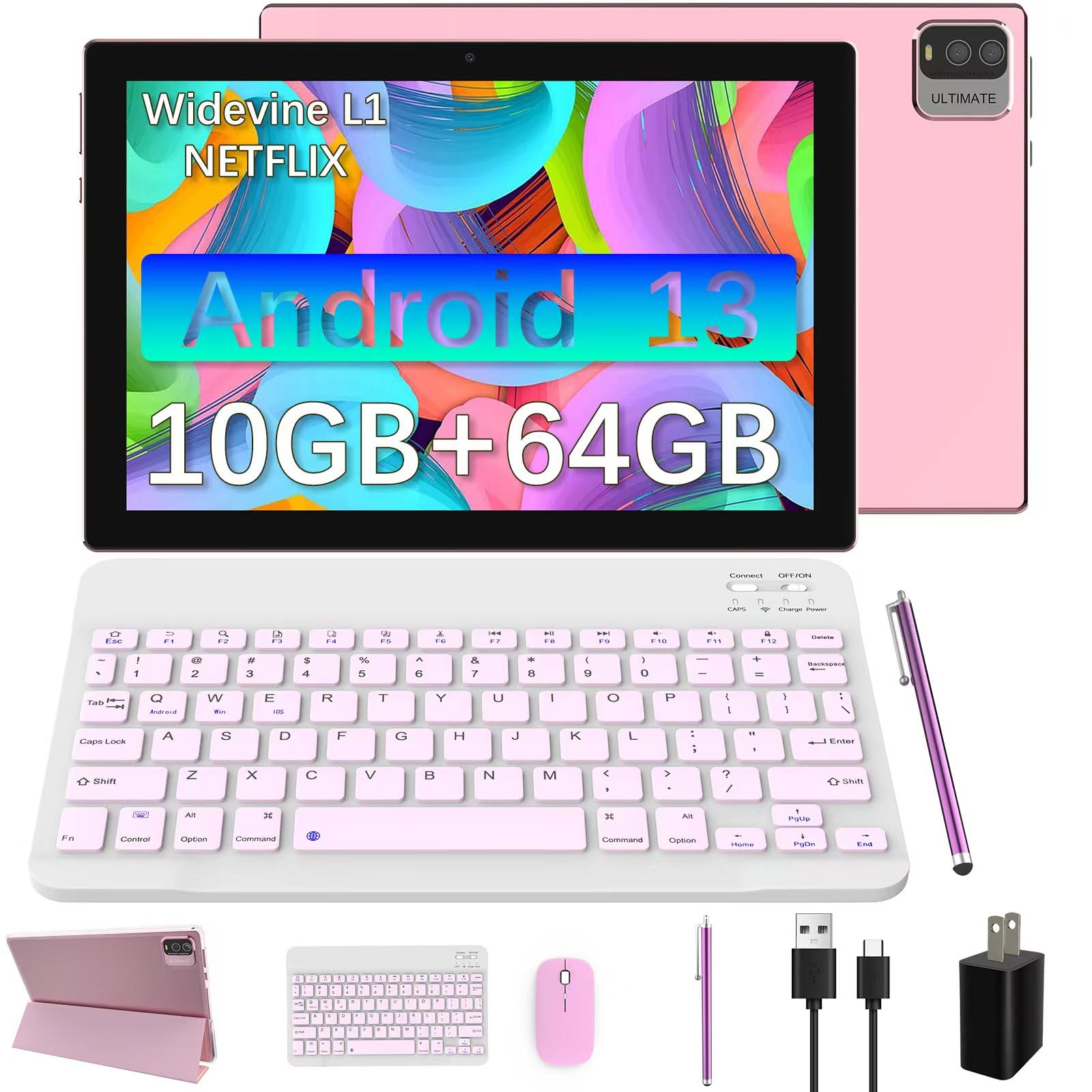 2 In 1 Tablet, 10 Inch Android 13 Tablet With Keyboard, 10Gb+64Gb+512Gb Expand Dual Camera, Ips Touch Screen Tablet Computer, Wi