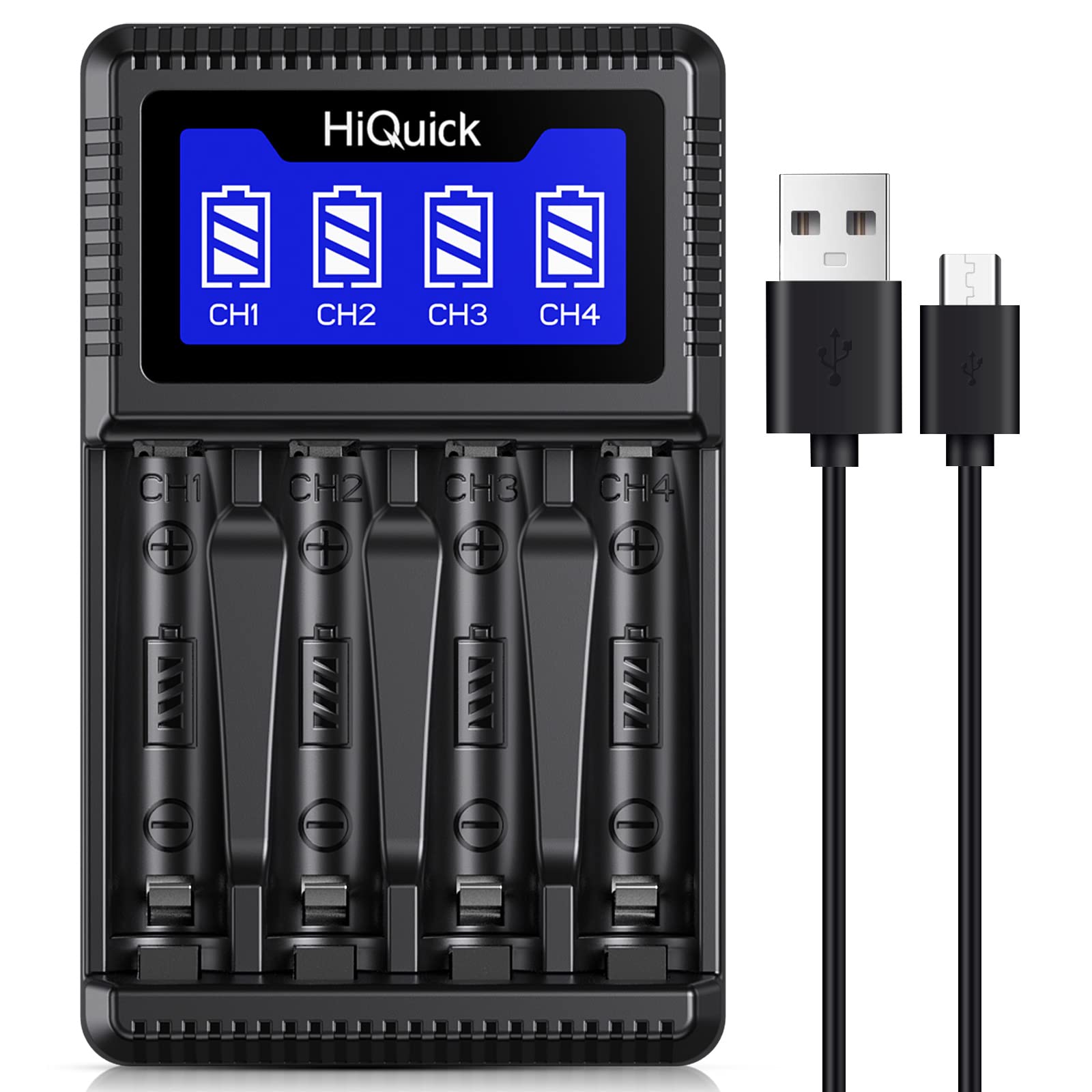 Hiquick 4 Bay Aa Aaa Battery Charger, Usb Input Fast Charging And Independent Charging Slot With Smart Lcd Display Battery Charg