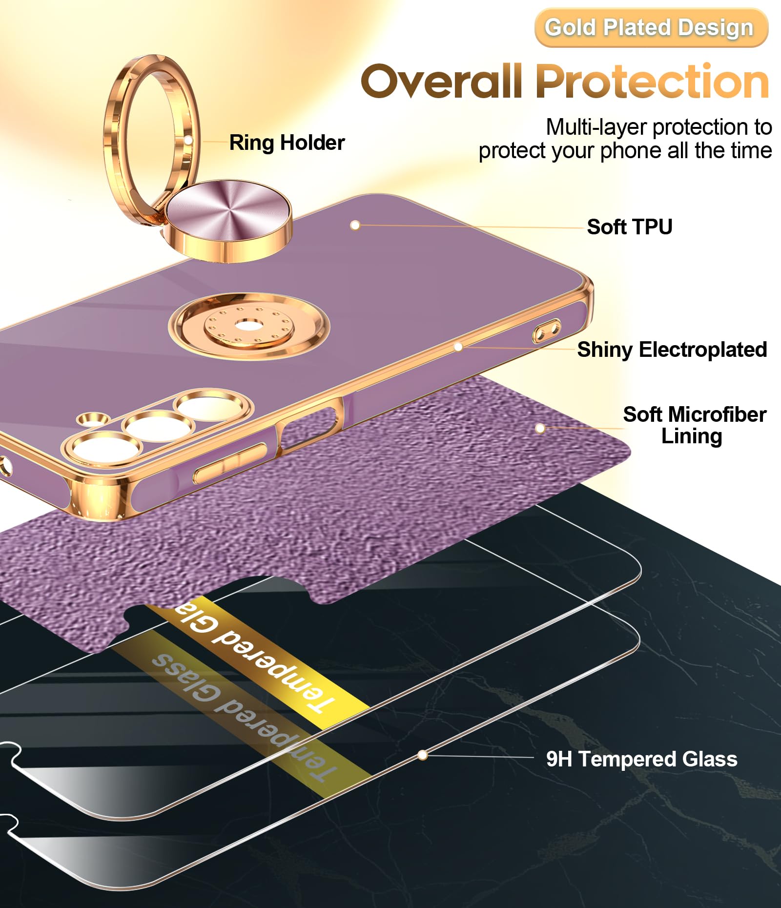 Leyi For Galaxy A16 5G Case: With 2 Pack Tempered Glass Screen Protector And 360 Rotatable Ring Holder Magnetic Kickstand, Plati