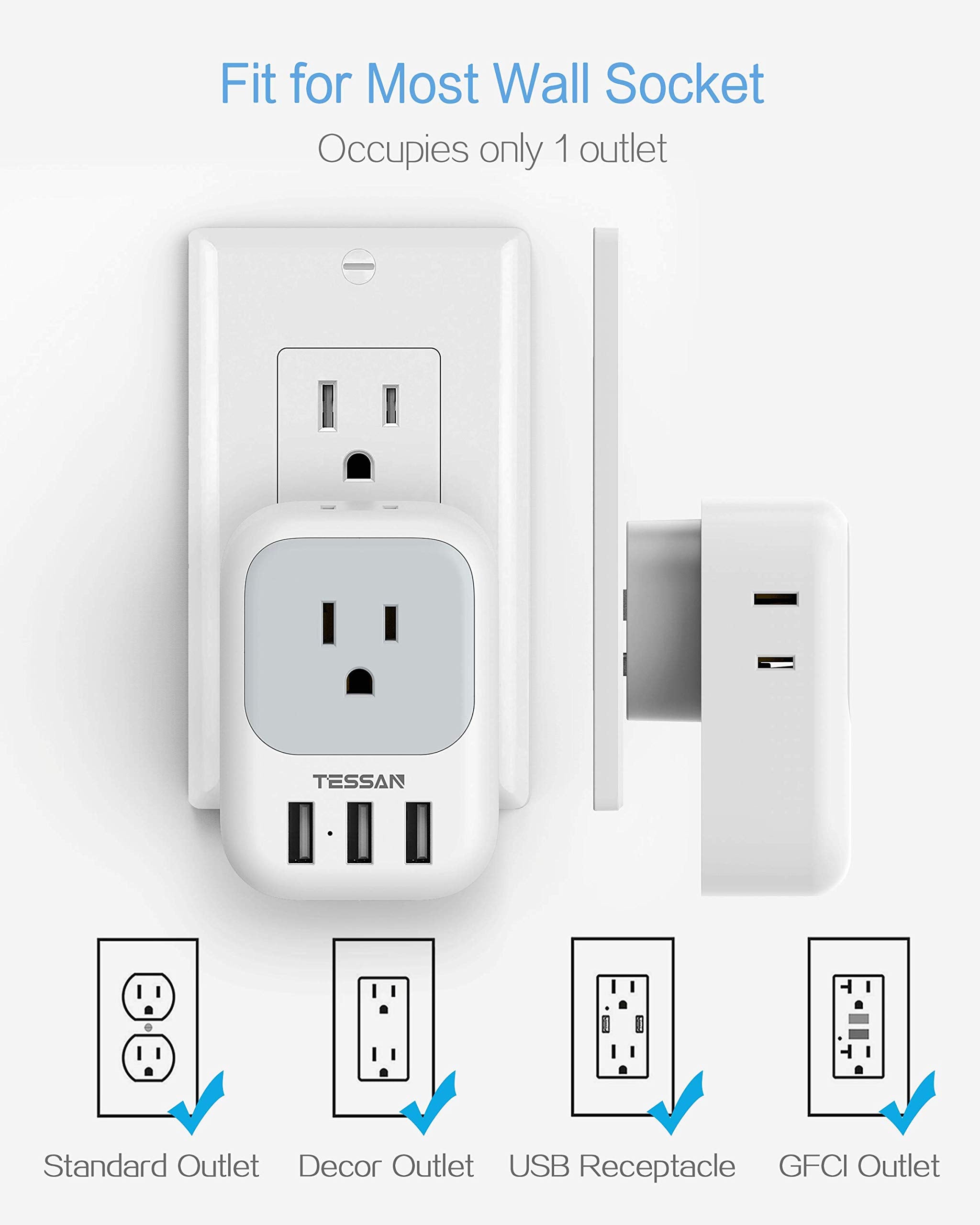 Multiple Plug Outlet Splitter With Usb Wall Charger, Tessan 4 Electrical Outlet Extender With 3 Usb Ports, Multi Power Outlet Ex