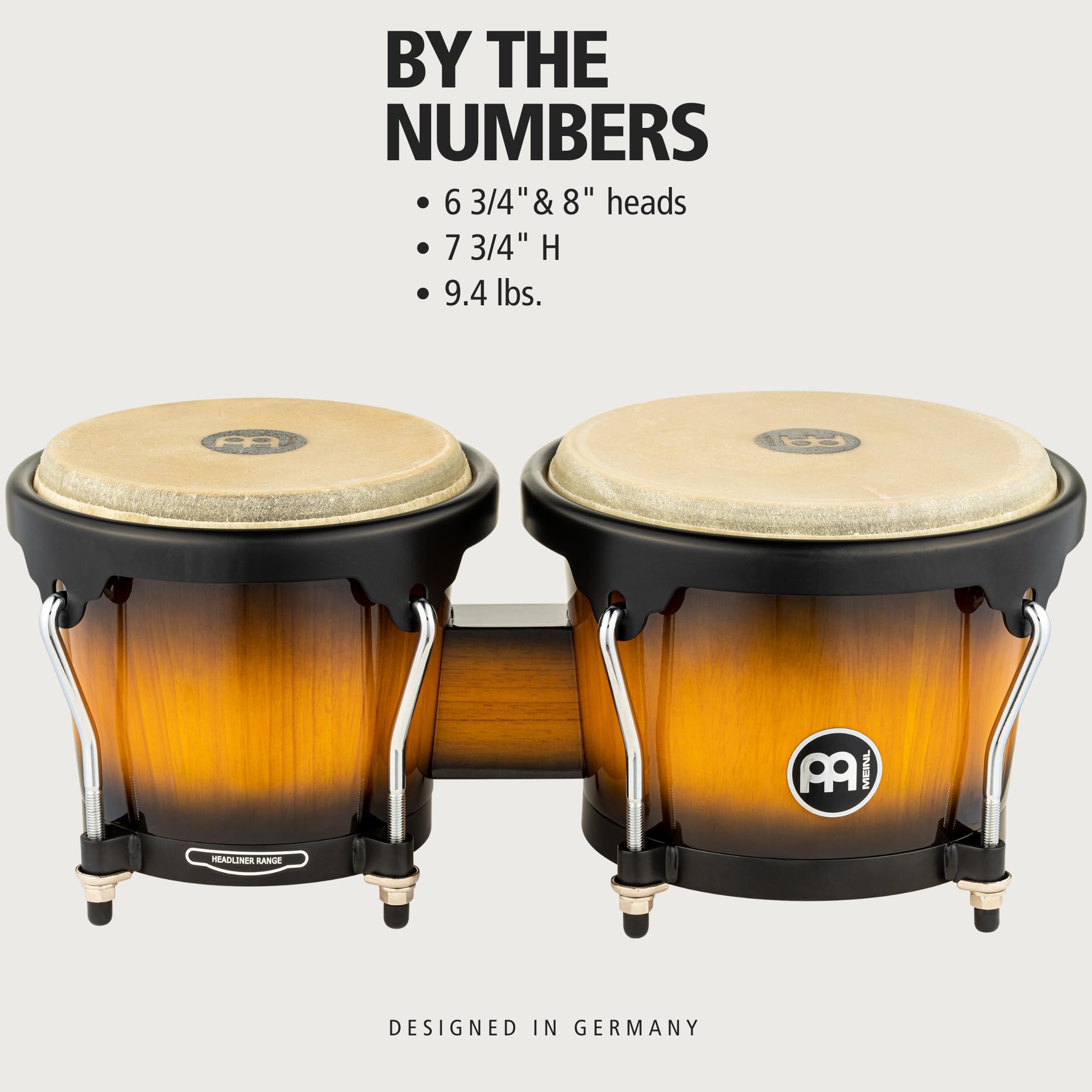Meinl Percussion Bongos Hand Drum Set 6.75 And 8 With Hardwood Shells And Tuning Key - Not Made In China - Headliner Series, 2-Y