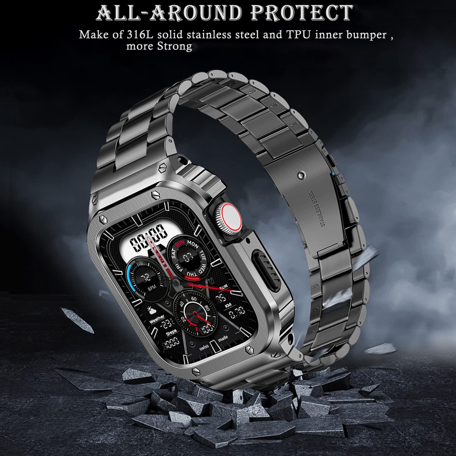 Miohhr Stainless Steel Band And Case Compatible With Apple Watch Band 41Mm 40Mm 38Mm, Men Metal Protective Bumper Cover For Iwat