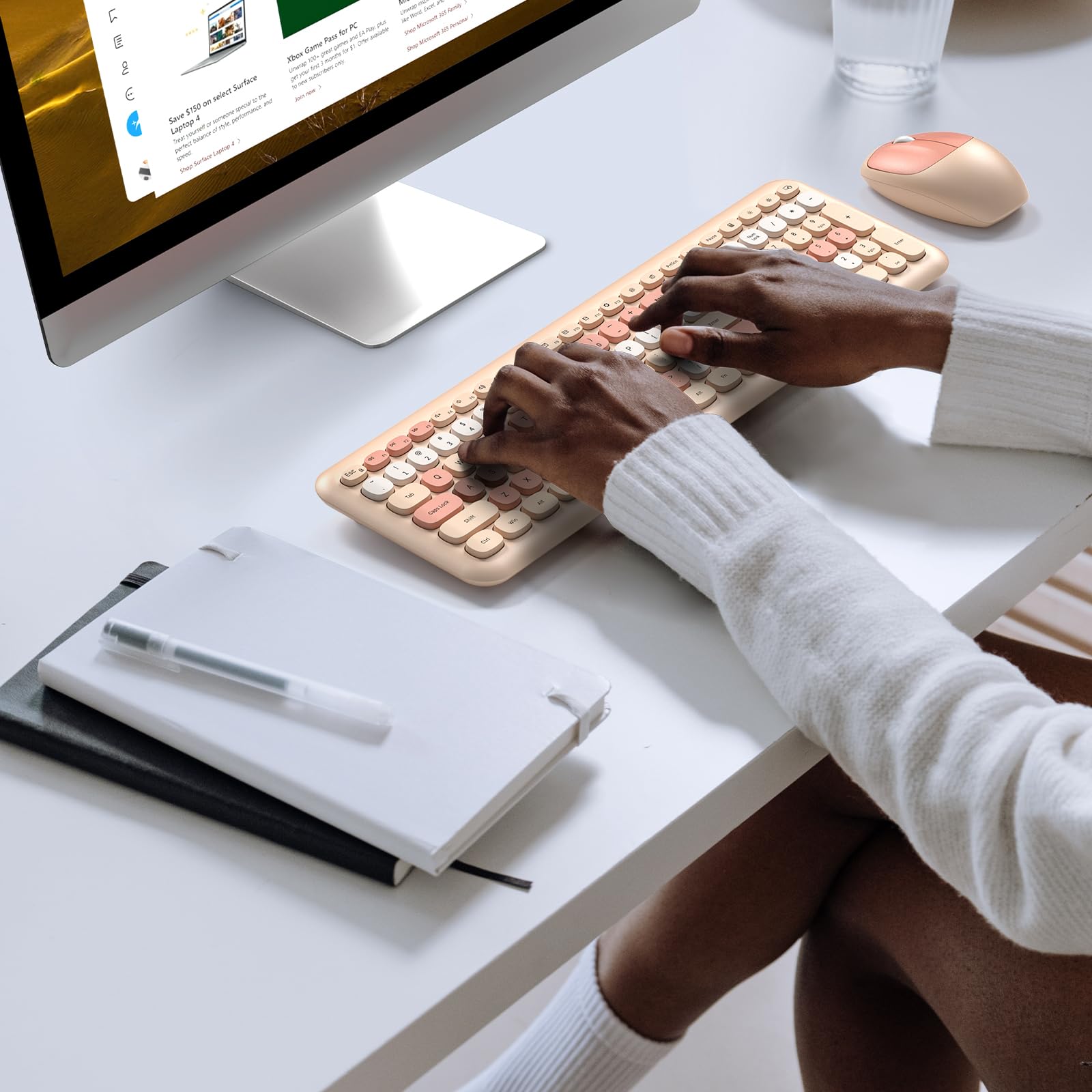 Knowsqt Wireless Keyboard And Mouse Combo, Pale Milktea Full Sized 2.4G Silent Keycap Colorful Keyboards, Usb Dongle Plug Play,