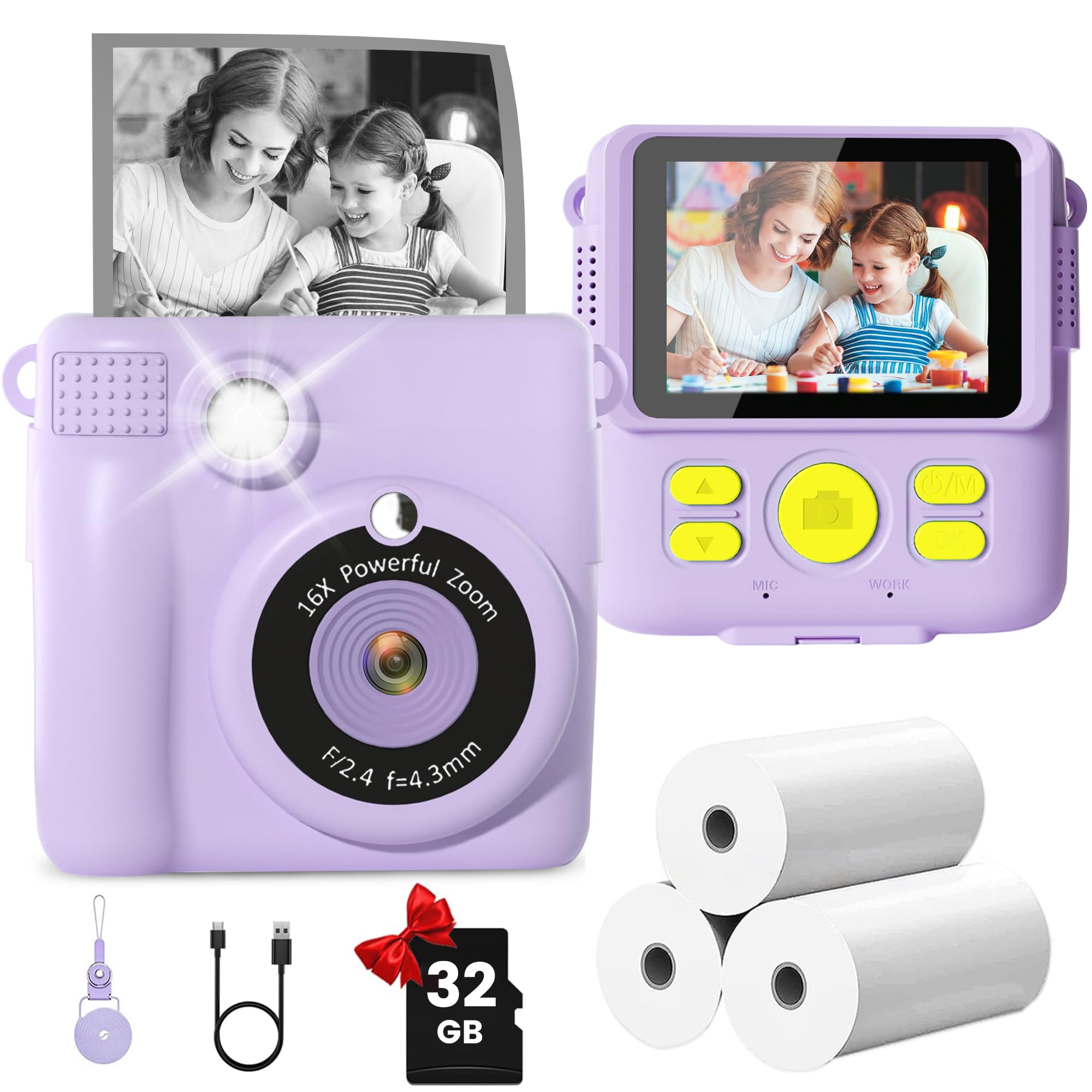 GKTZ Kids Camera Instant Print - 2.4 Eye-Care Digital Video Camera for Toddlers & Kids Ages 3-12, with 3 Rolls Paper & 32GB SD C