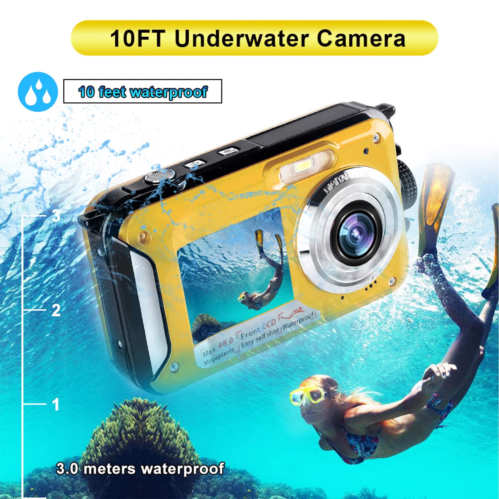 Waterproof Digital Camera Underwater Camera Full Hd 2.7K 48 Mp Video Recorder Selfie Dual Screens 16X Digital Zoom Flashlight Wa