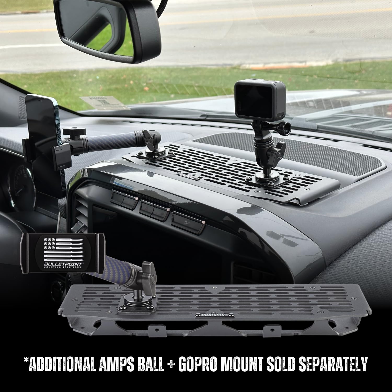 Bulletpoint Rubigrid Metal Dash Mount Phone Holder & Action Camera Mount Compatible With 2021+ Ford F 150 And Ford Raptor