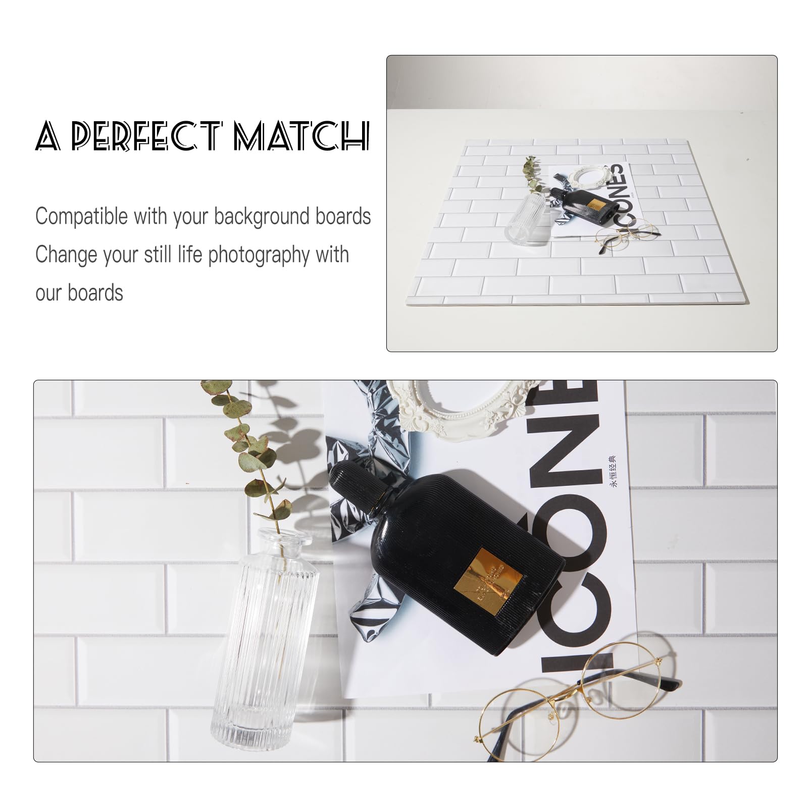 2 Pcs Boards Photo Backdrop For Flat Lay, Food Photography Background 24X24 Inch, White Marble Subway Tile Tabletop Backdrop Boa