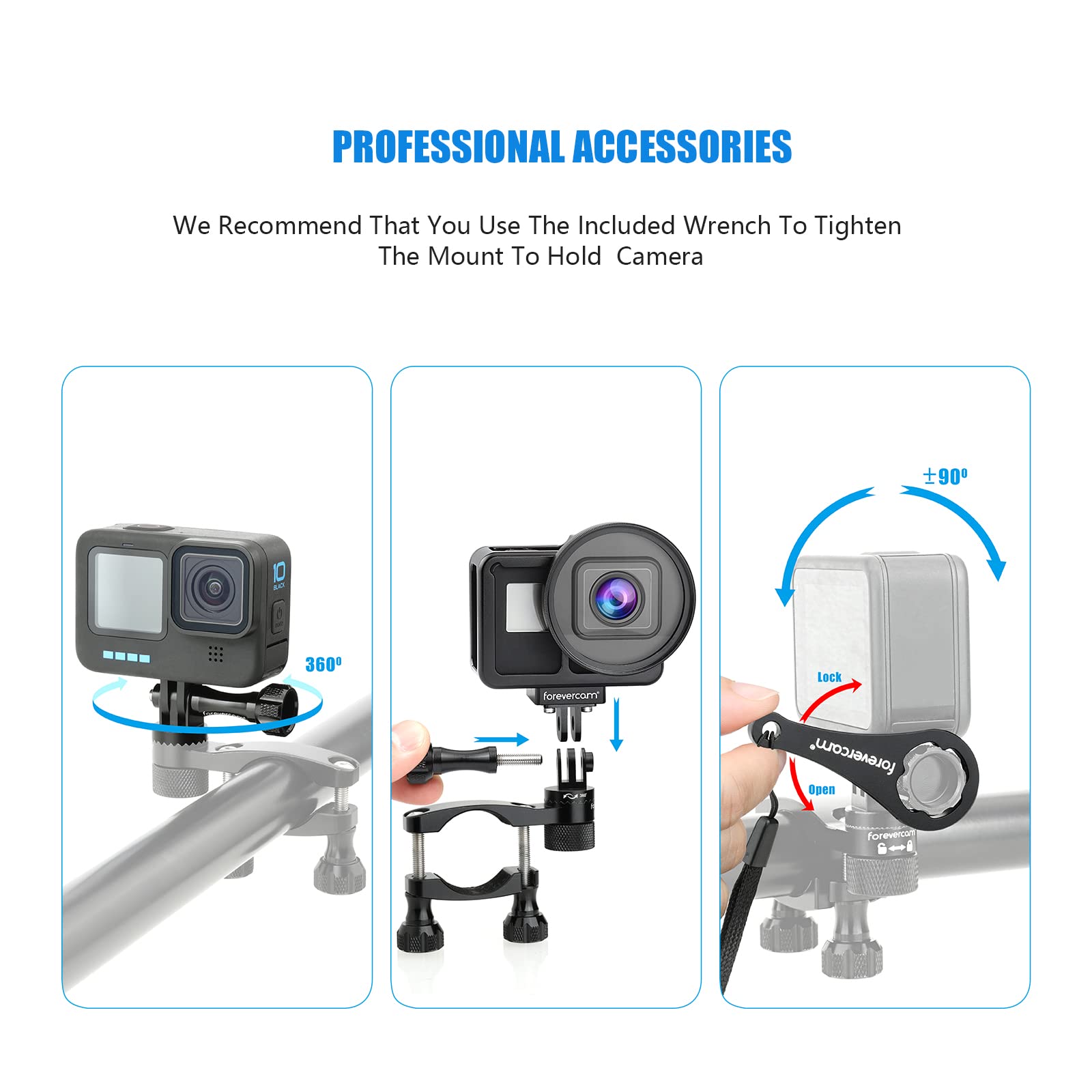 Forevercam Bike Handlebar Mount For Gopro (360� Rotation And Lock Any Direction) 0.6 1.3Inch All Aluminum Bike/Motorcycle Handlebars Seat Post Ski Pole Mount For Gopro Hero 8/9/10/11/12/13(Black)