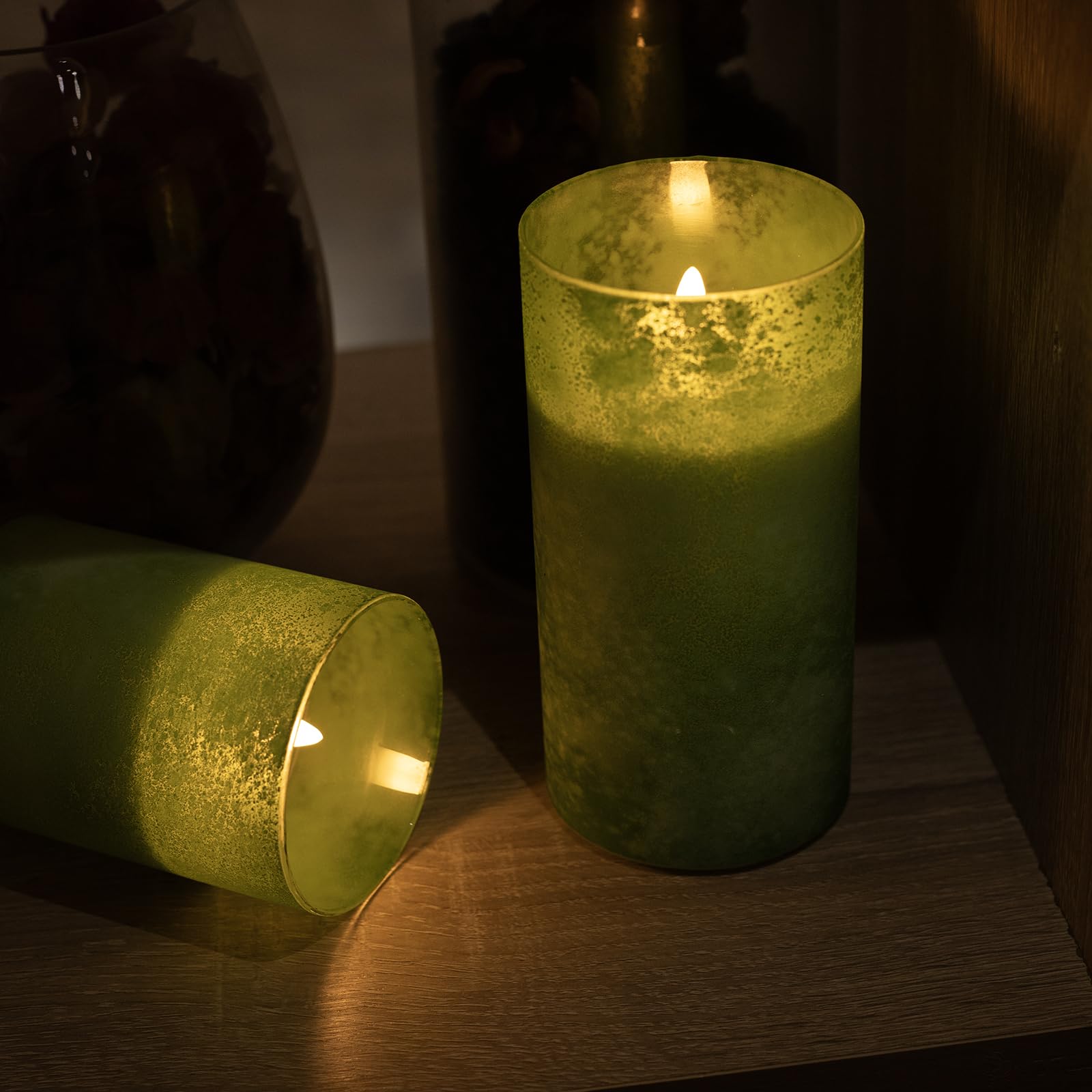 Glass Battery Operated Flameless Led Candles With 10 Key Remote And Timer, Ocean Theme Green Sandblast Flickering Real Wax Pilla