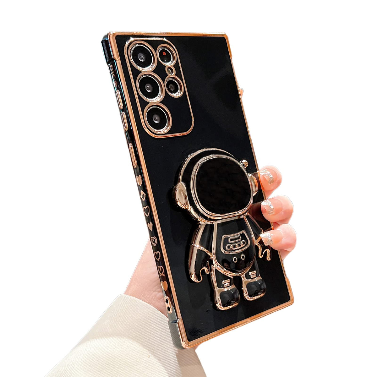 Phylla Phone Case For Samsung Galaxy S22 Ultra 6.8'' Luxury Plating Astronaut Stand Holder Phone Case With Cute Love Heart Side