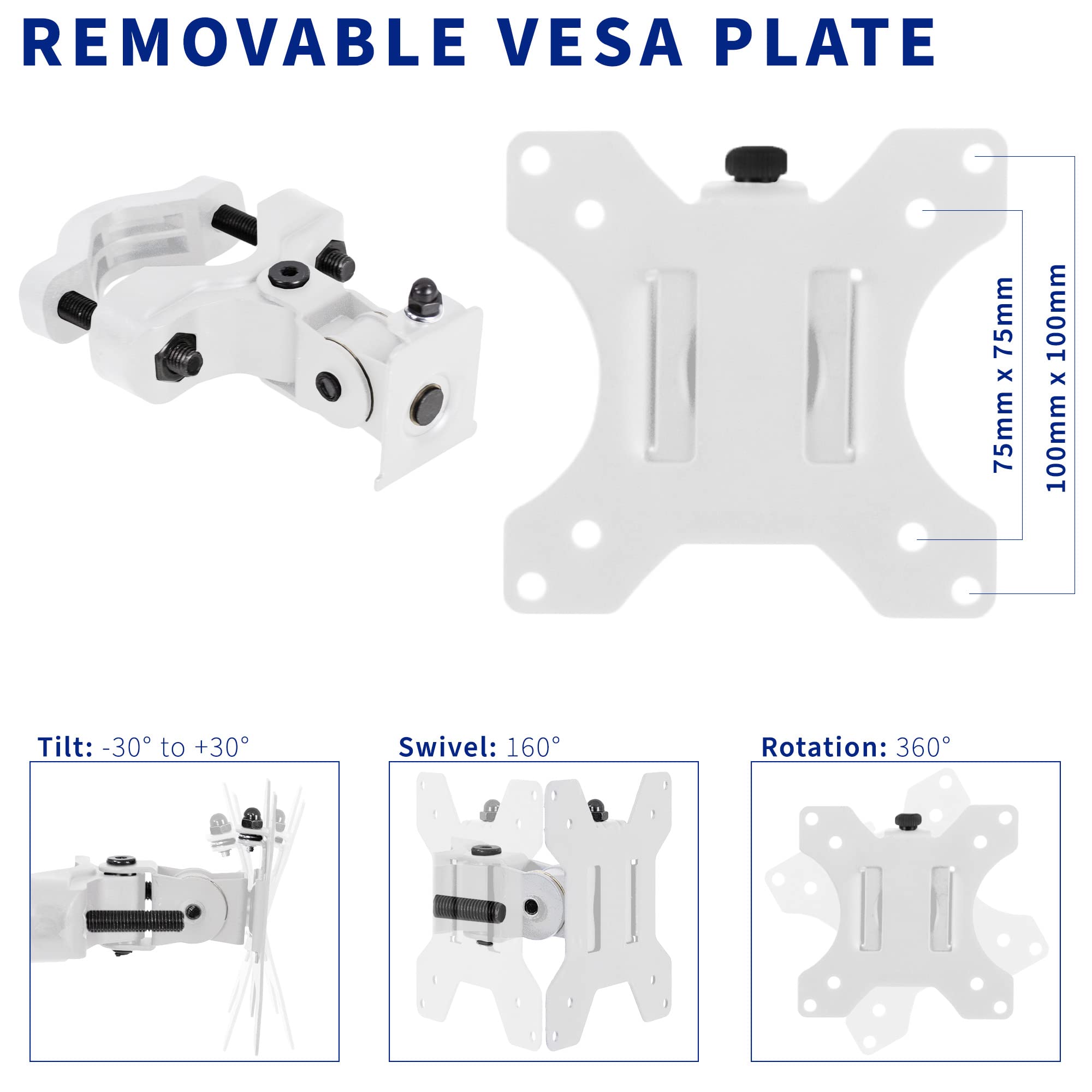 VIVO Steel Universal Bracket Pole Mount with Removable 75mm and 100mm VESA Plate, Fits up to 30 inch Screens, White, MOUNT POLE01W