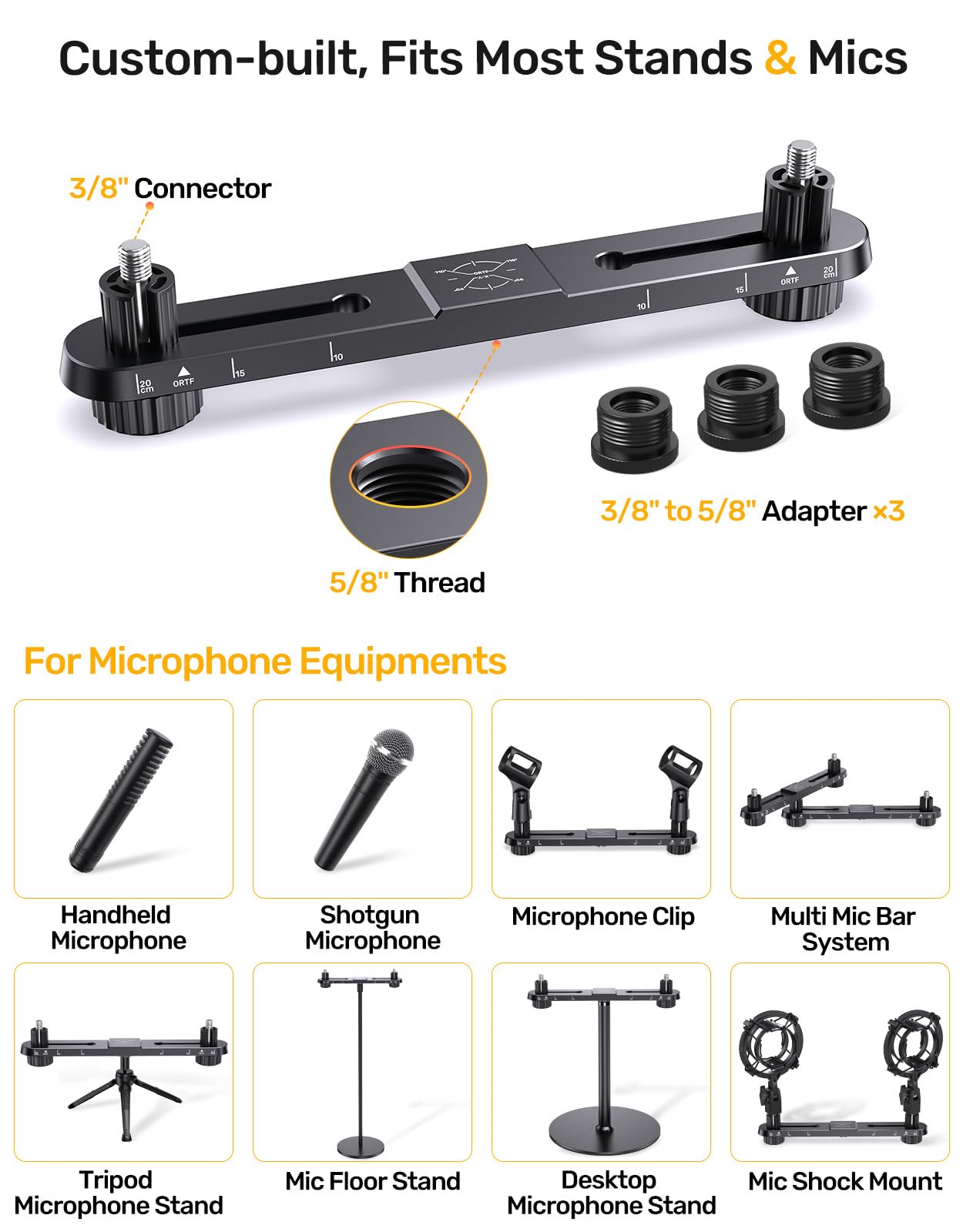 Stereo Array Spacing Microphone Holder With Scale Adjustable Position For Two Mics Or Booms, Mic Mount Bar Fits Most Mic Stands,