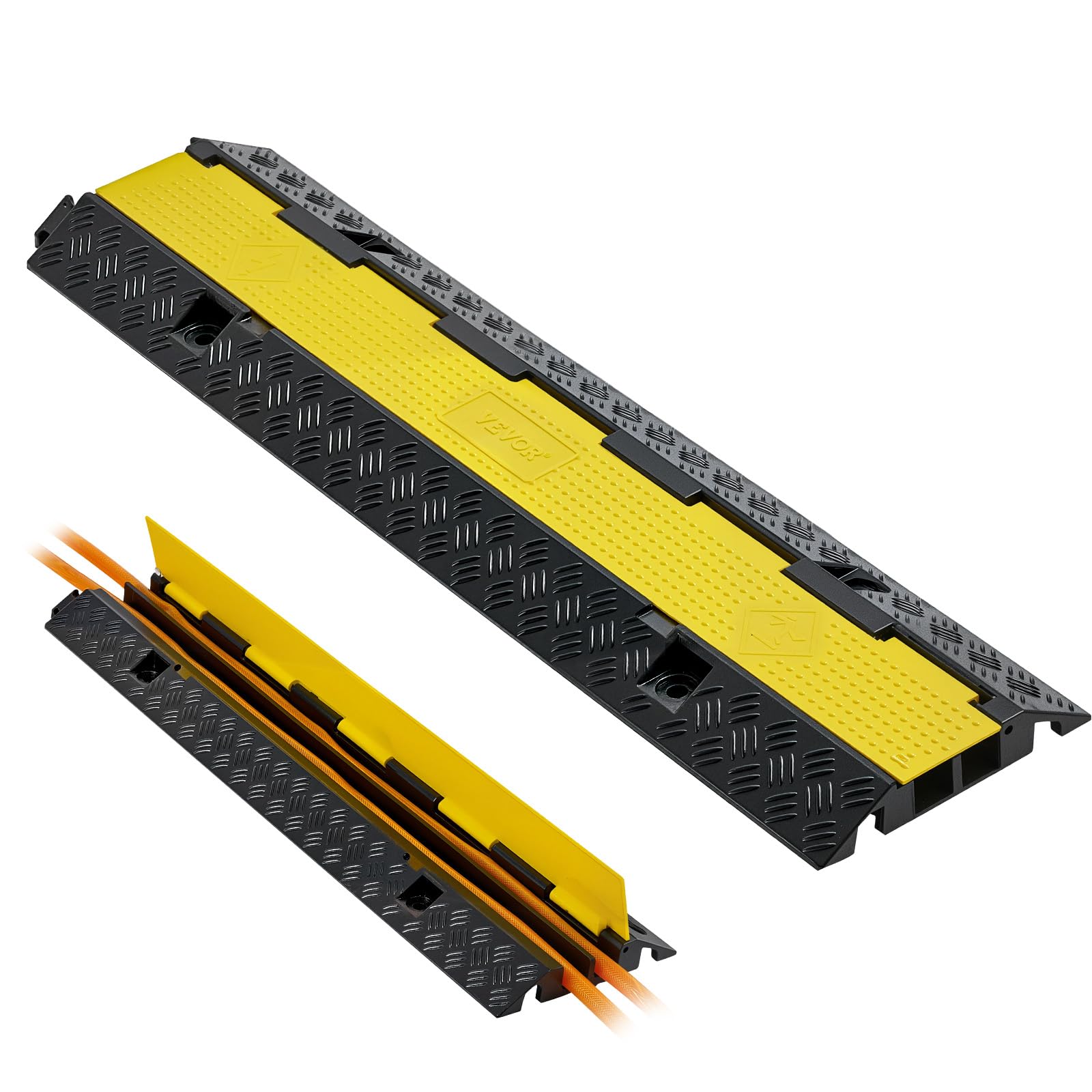VEVOR Cable Protector Ramp, 2 Channel Rubber Cord Hose Wire Cover, 1.3 x 1.2 in Channel Size, 39.57 Traffic Driveway Speed Bum