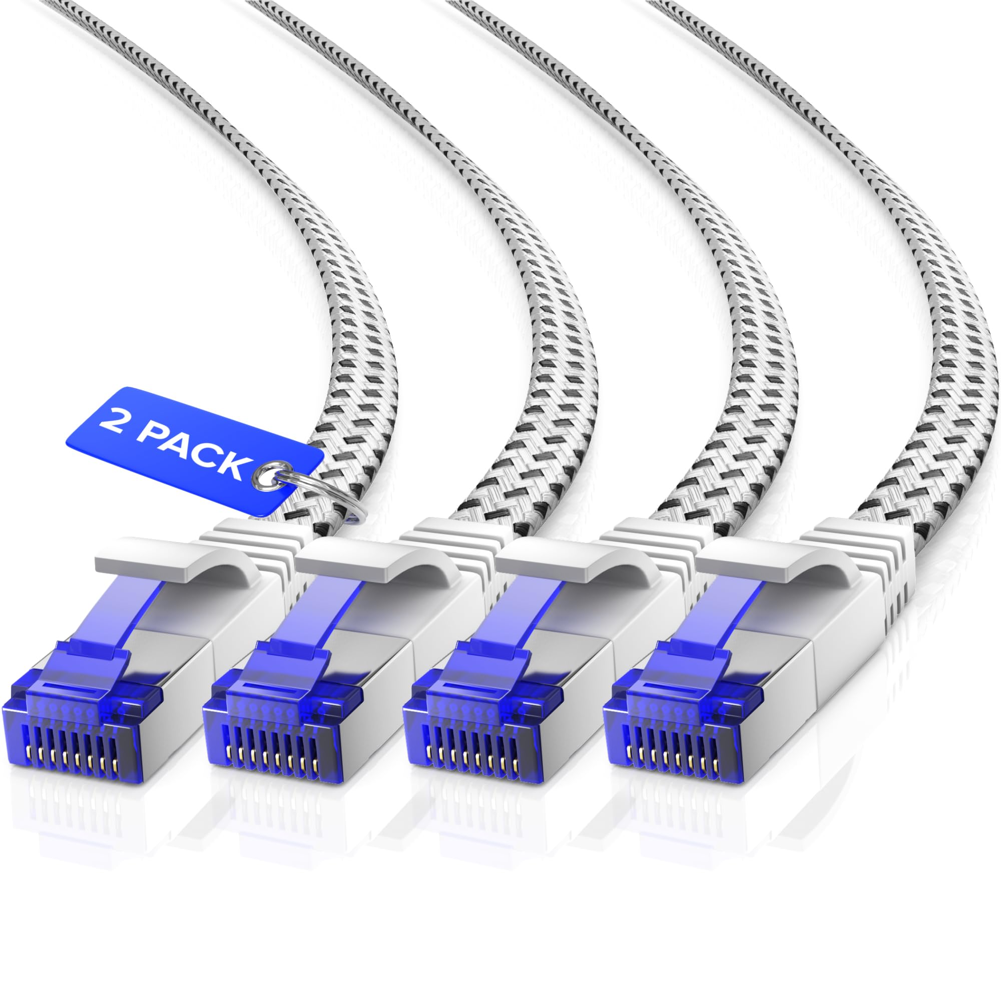 Maximm Cable Cat7 Flat Braided Ethernet Cable, 2 Pack (White, 12Ft) 10 Gbps, 600 Mhz, Shielded Rj45 Gold Connectors Ultra Thin Flexible Design For Home & Office Networking