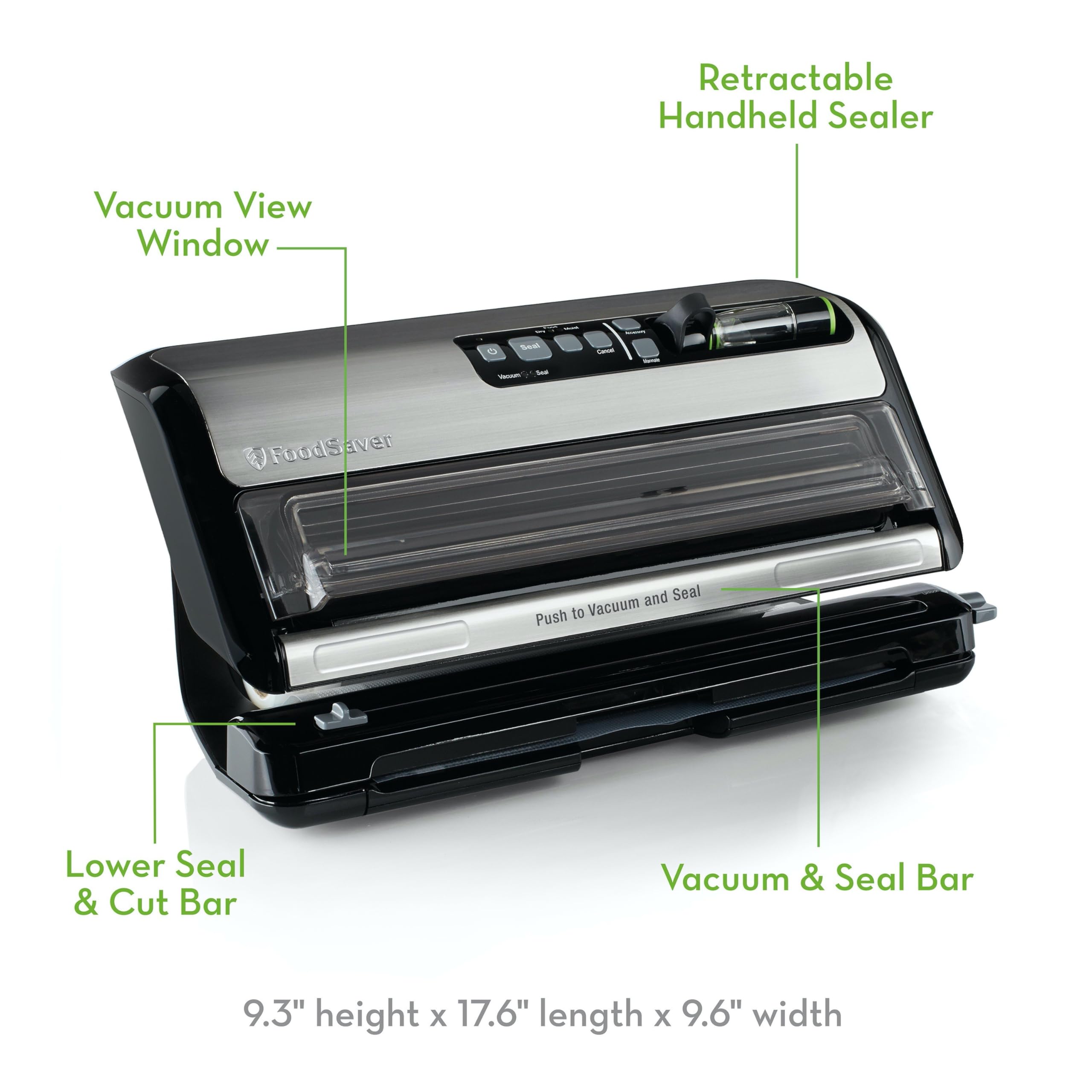 FOODSAVER Vacuum Sealer Machine, Stainless Steel, 9.3x17.6x9.6 inches, Black, Model FM5200015, Includes Sealer Bags and Roll