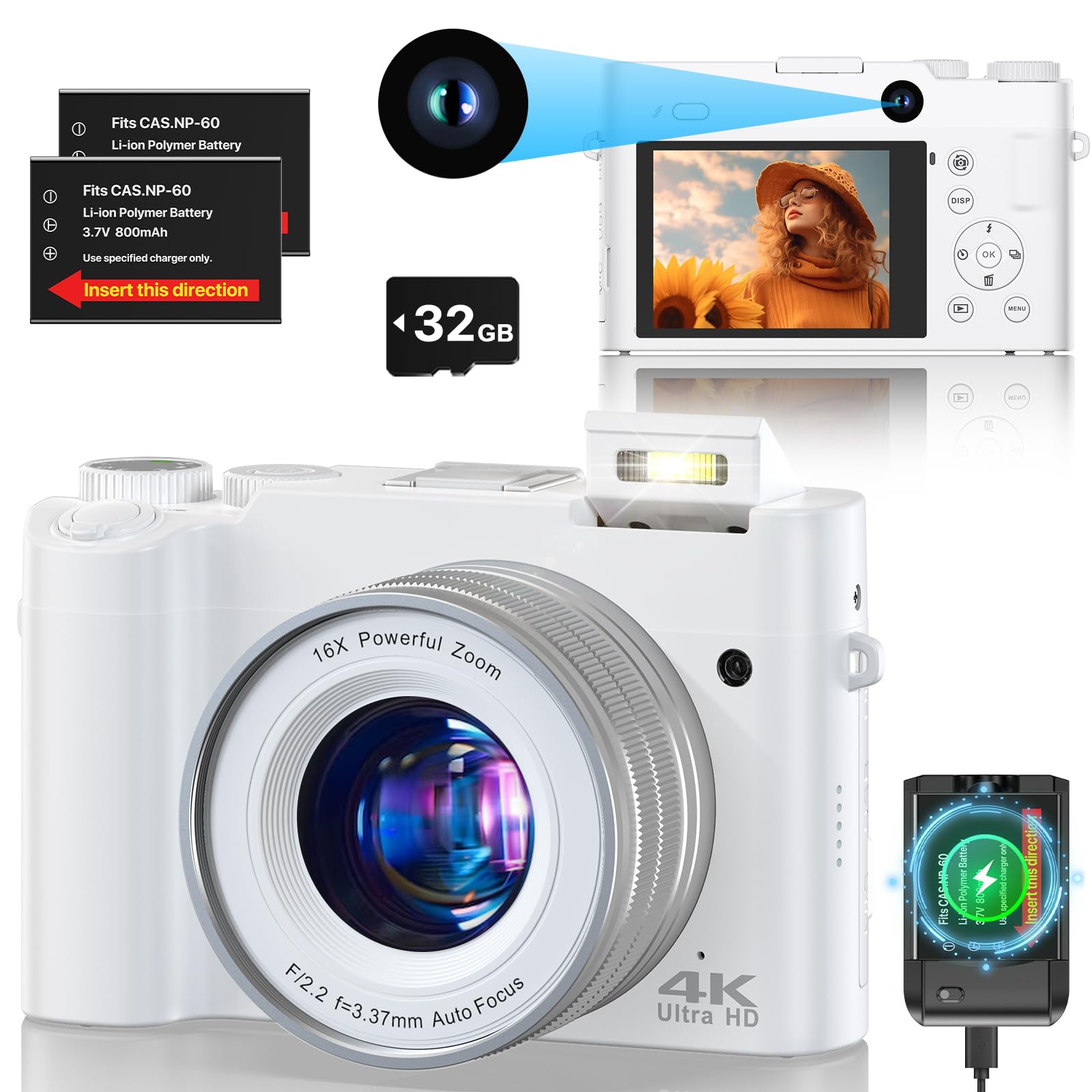 4K Digital Camera, 64Mp Dual Cameras For Photography Autofocus Anti Shake, Video Vlogging Camera For Youtube, Compact Travel Cam