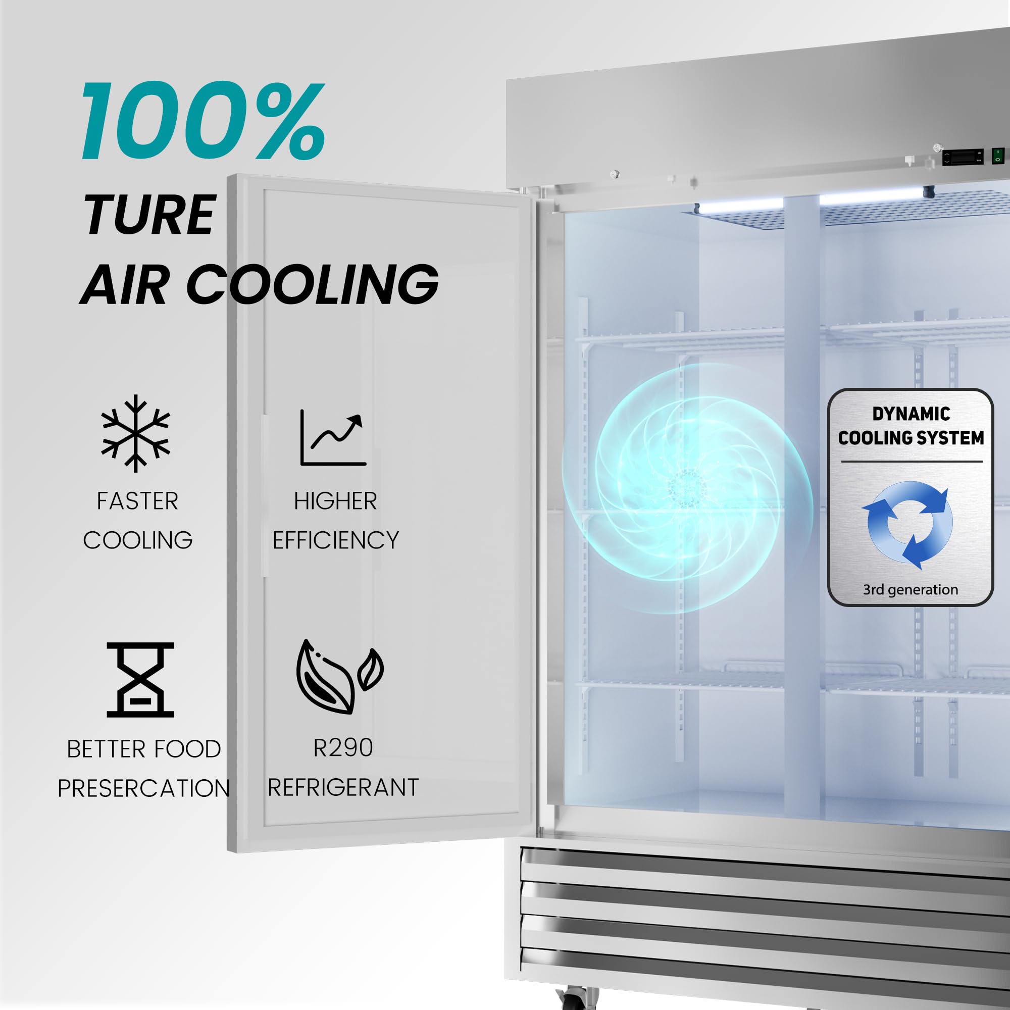Kichking 54''W 2 Door Commercial Freezer 49 Cu.Ft Dynamic Cooling Omnismart Temperature Control -10?~10? Self Closing Stainless