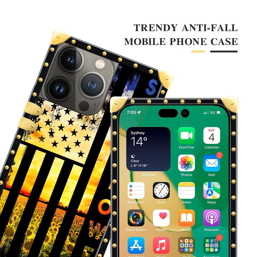 Pinsheng iPhone 14 Pro Max Phone Case Square Soft TPU Metal Decoration Sunflower American Flag