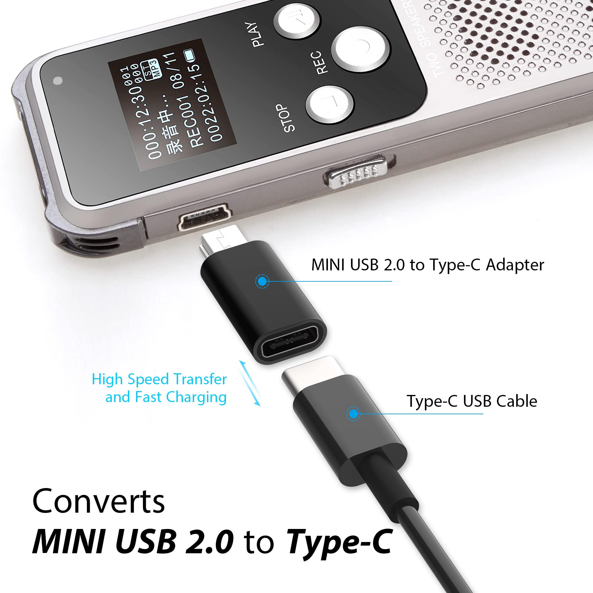 Usb C To Mini Usb Adapter, Type C Female To Mini Usb 2.0 Male Convert Connector Support Charge & Data Sync Compatible Gopro Hero 3+, Mp3 Players, Dash Cam, Digital Camera, Receiver Etc(2 Pack) Black