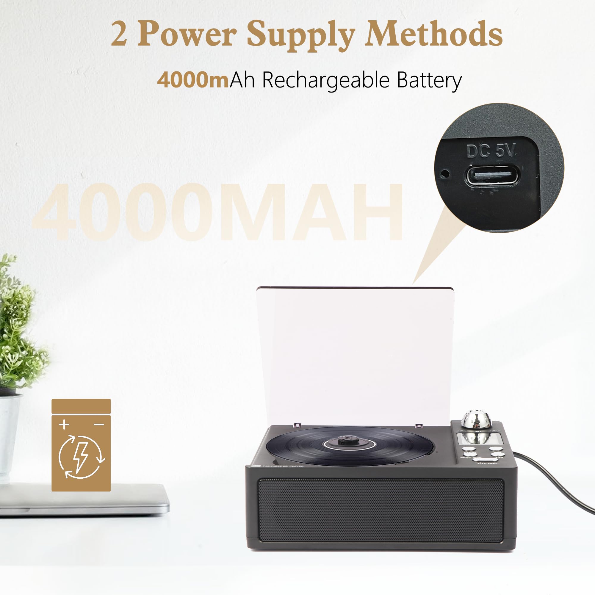 M-Amazup Cd Player Portable, Desktop Cd Players For Home With Rechargeable Battery, Dual Speakers, Support Opt/Usb/Tf Card/Aux/F