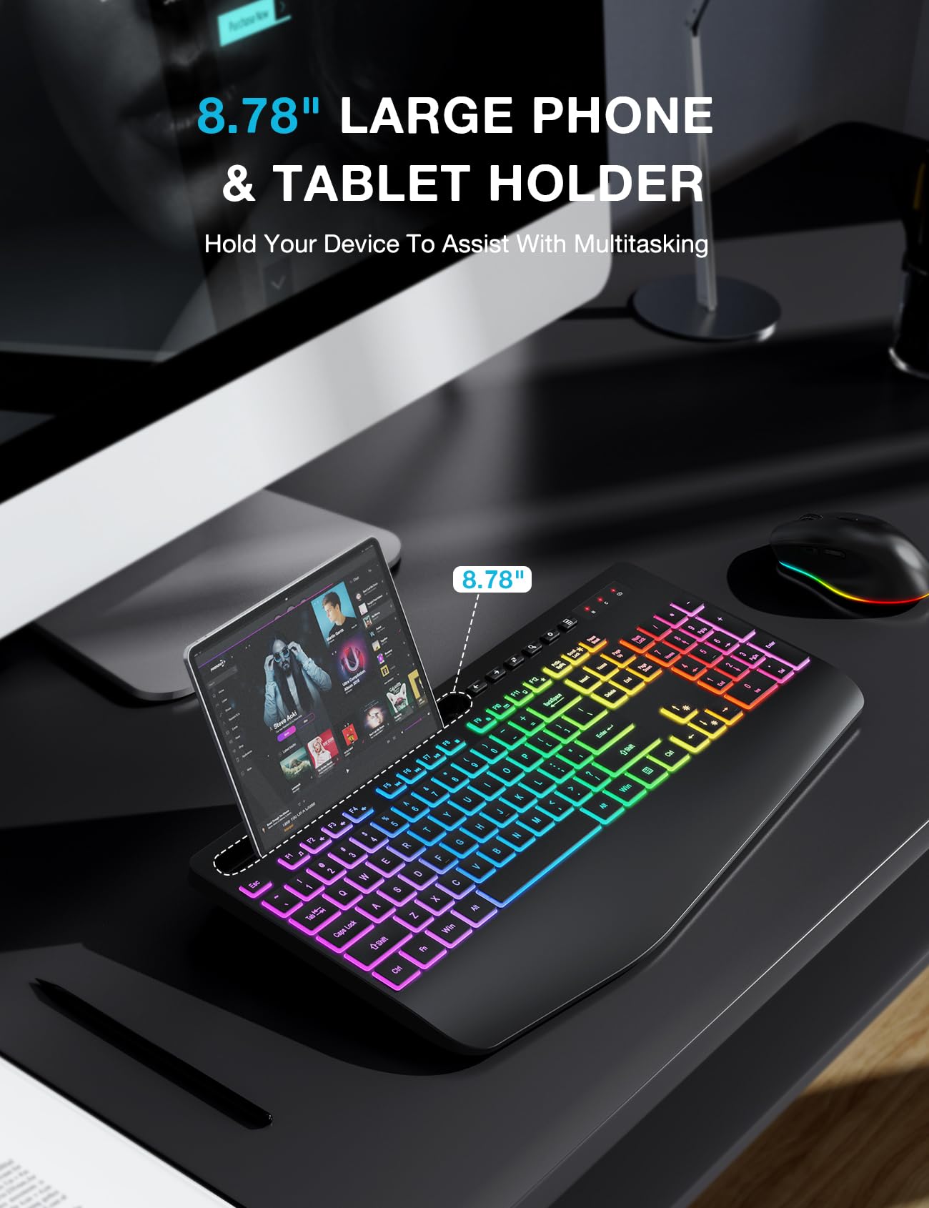 Wireless Keyboard And Mouse Combo, 9 Backlit Effects, Wrist Rest, Phone Holder, 2.4G Lag Free Ergonomic Keyboards, Rechargeable