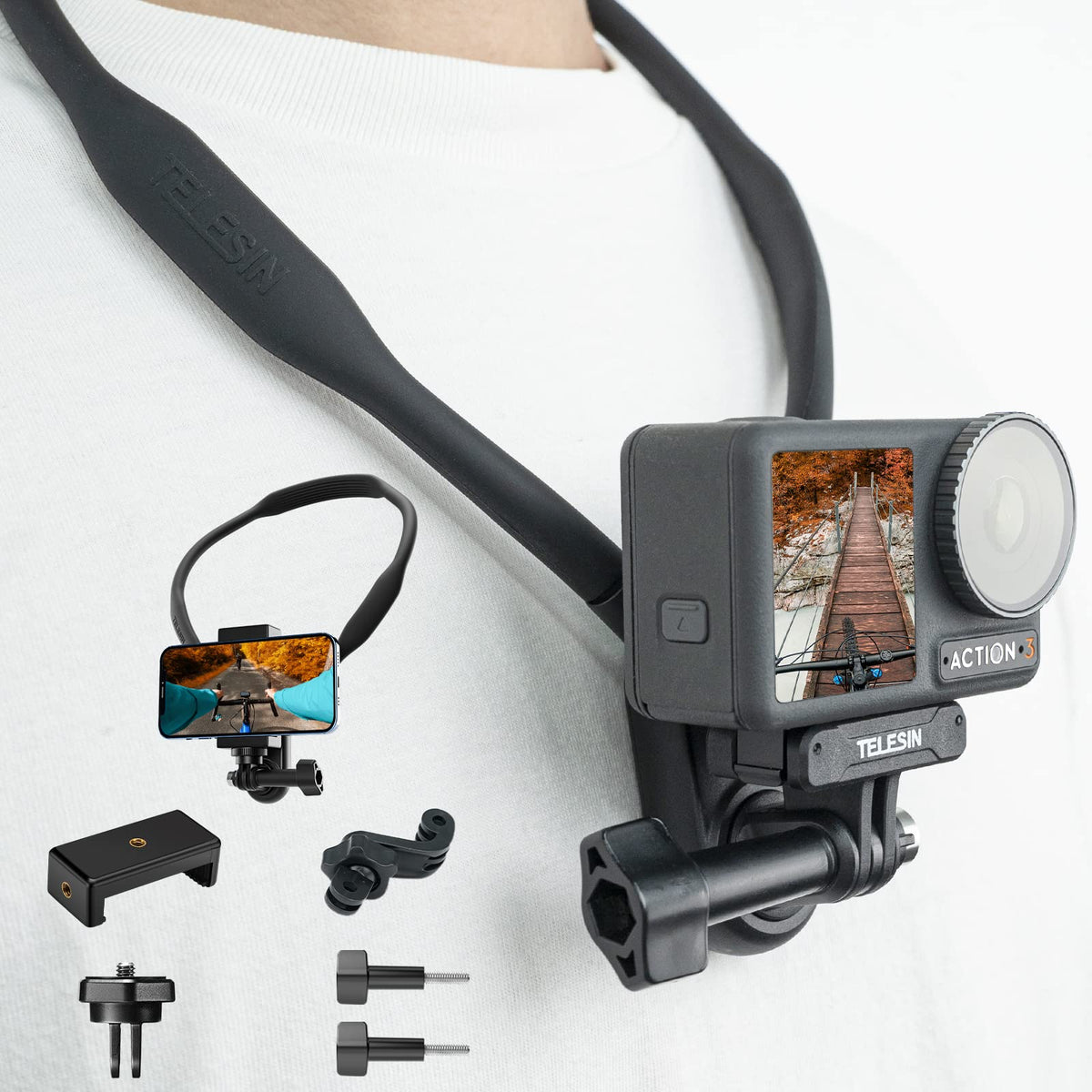 Telesin Se Neck Mount With Phone Holder Vertical Adapter Kit, Necklace Lanyard Strap Head Chest Pov Selfie Accessories For Gopro Max Hero 12 11 10 9 8 Insta360 X3 X4 Go3 Ace Pro Dji Action 4 Pocket 3