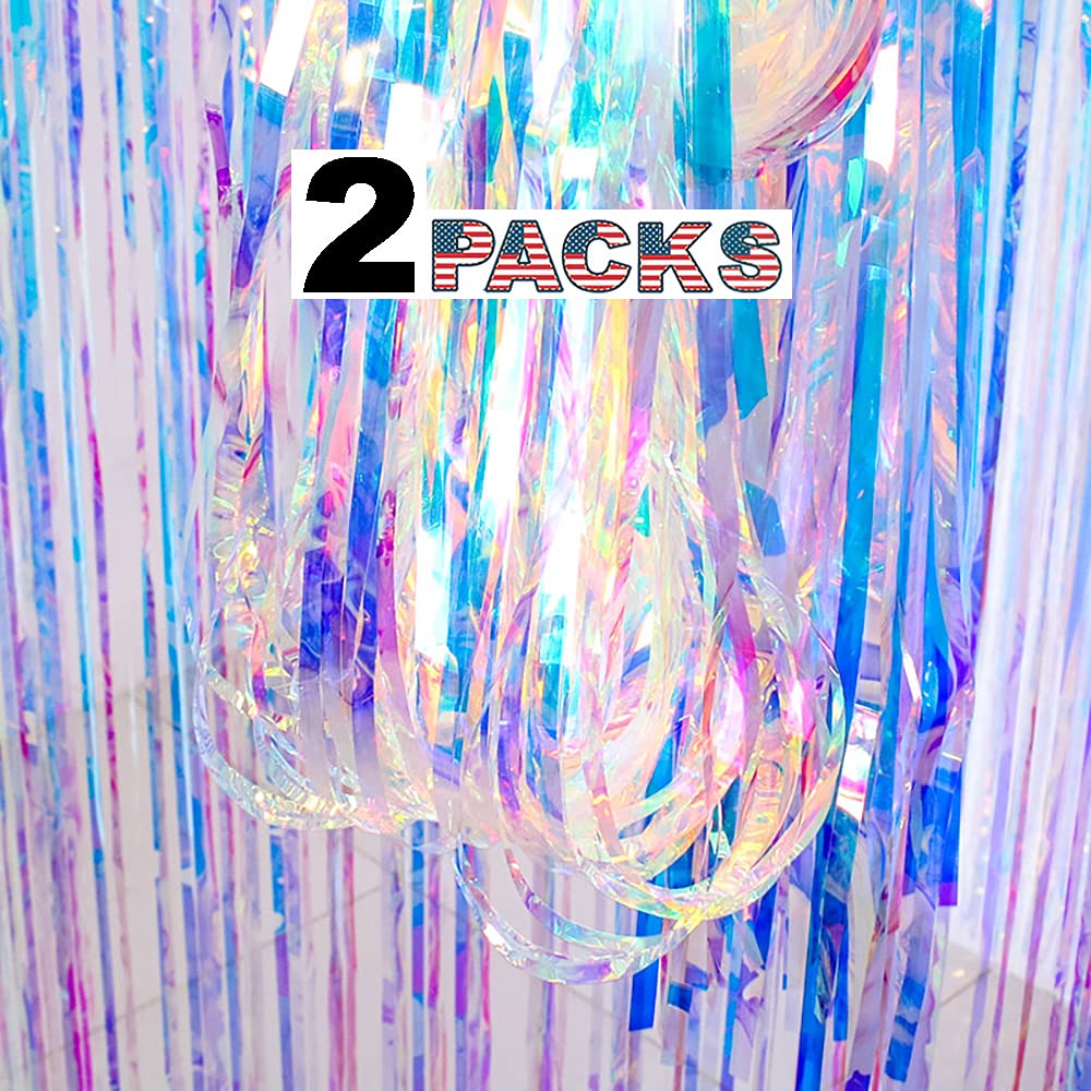 Gorgeous Holographic Party Backdrop Curtains   6.5X8.2 Feet, Pack Of 2 | Iridescent Colorful Fringe Curtain With Non Marking Tap