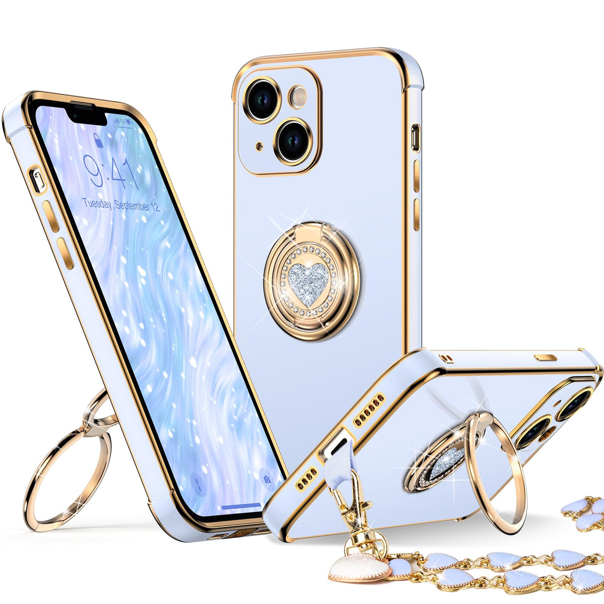 Xyz For Iphone 13 Case With Stand, Phone Case With Double Ring Kickstand, Women Girl Cute Love Heart Luxury Bling Protective Cas