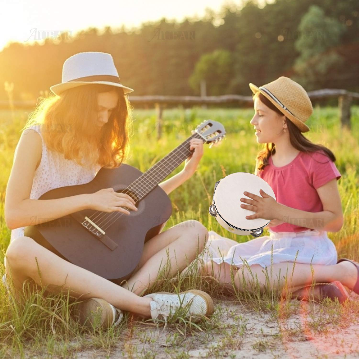 Auear, Double Row Jingles Handheld Tambourine Creative Wooden Tambourine Drum For Adults Percussion For Musical Educational Toy Party Game Church (1 Pack, 8 Inch)