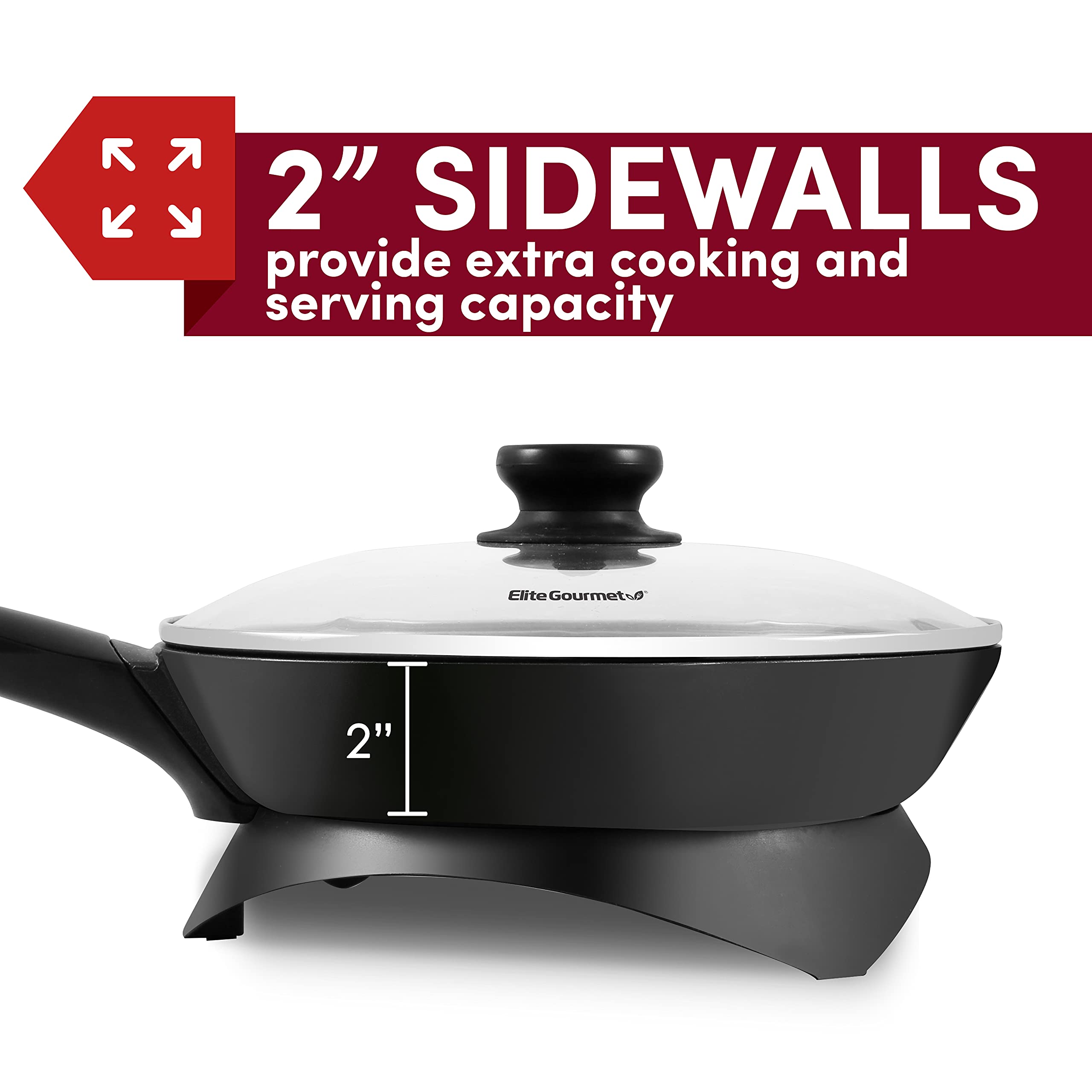 Elite Gourmet Eg6207 Scratch Resistant 10.5 Inch (2Qt) Fry Pan, Easy Pour Spout Dishwasher Safe, Non Stick Electric Skillet With Glass Vented Lid, Adjustable Temperature, Black