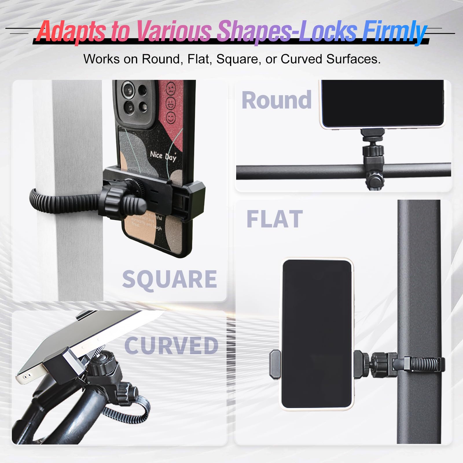 Phone Holder With Adjustable Strap,Wide Clamp Range,Fits Round,Square&Curved Surfaces,Clip Phone Mount For Mic Stands,Golf Carts