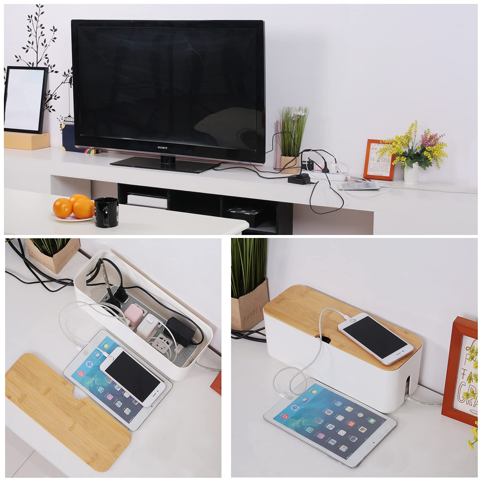 Changsuo Cable Management Box Small White, Extension Cord Organizer For Power Stripe Surge Protector Wire Management Concealer C