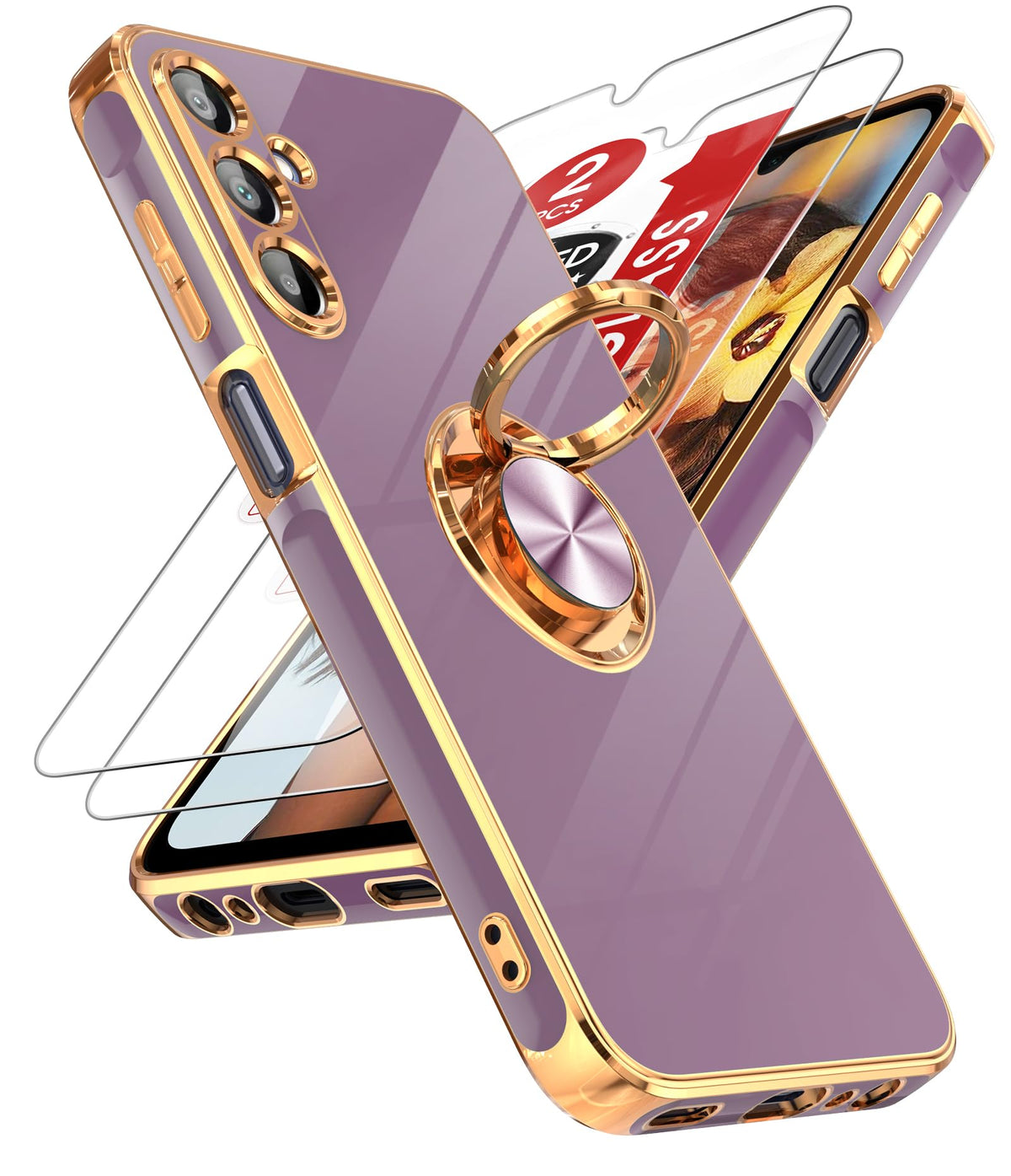 Leyi For Samsung Galaxy A15 5G Case: With Tempered Glass Screen Protector [2 Pack] 360 Rotatable Ring Holder Magnetic Kickstand,