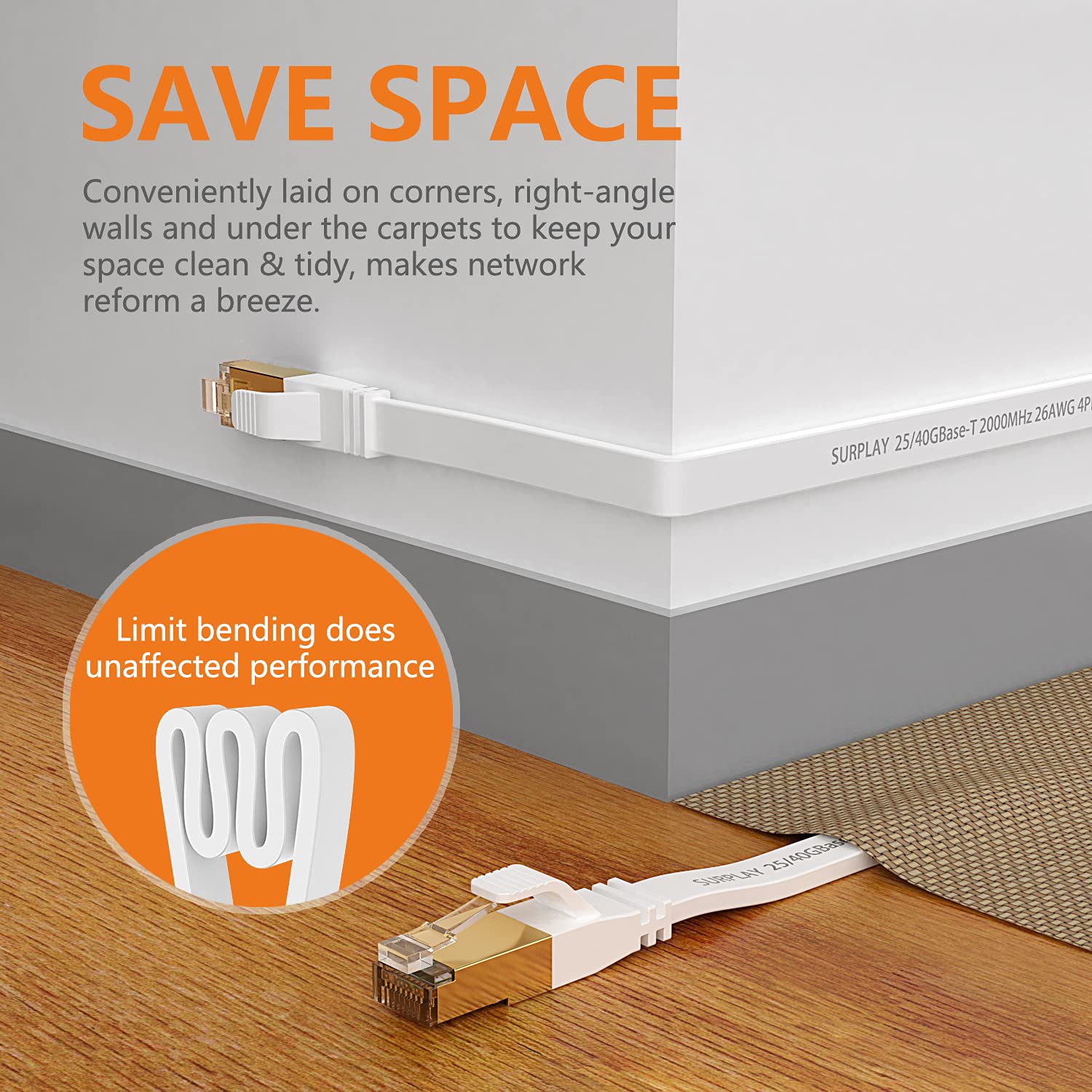 Surplay Cat8 Ethernet Cable 25Ft White 40Gbps,High Speed Outdoor&Indoor Flat Cord,Double Shielded With Ground Wire Gold Plated R