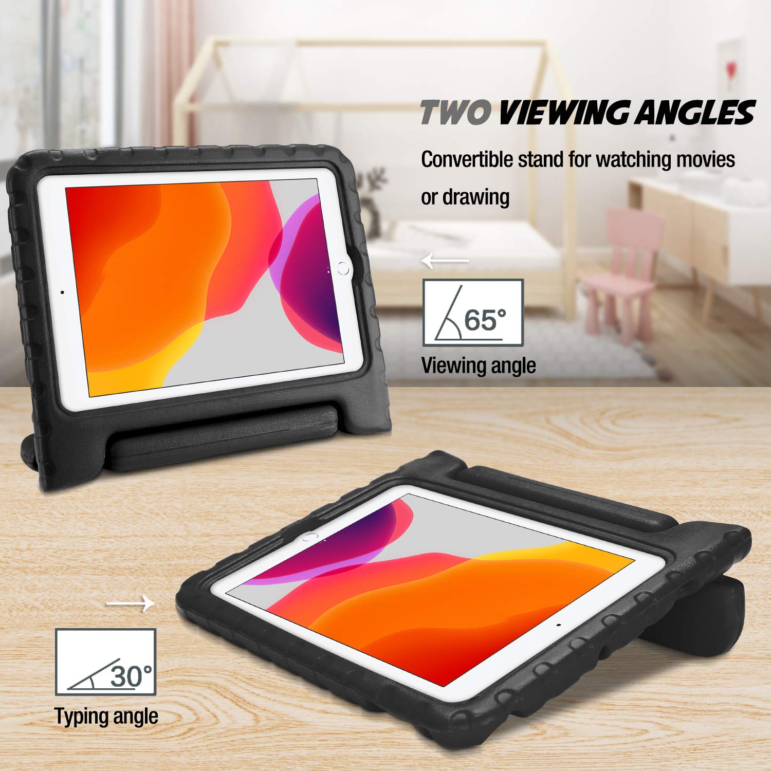 Procase Kids Case For Ipad 9Th Generation/Ipad 8/Ipad 7, Ipad 10.2 Case 2021 2020 2019/Ipad Air 10.5/Ipad Pro 10.5 Kids Case, Shockproof Lightweight Case With Convertible Handle Stand Black