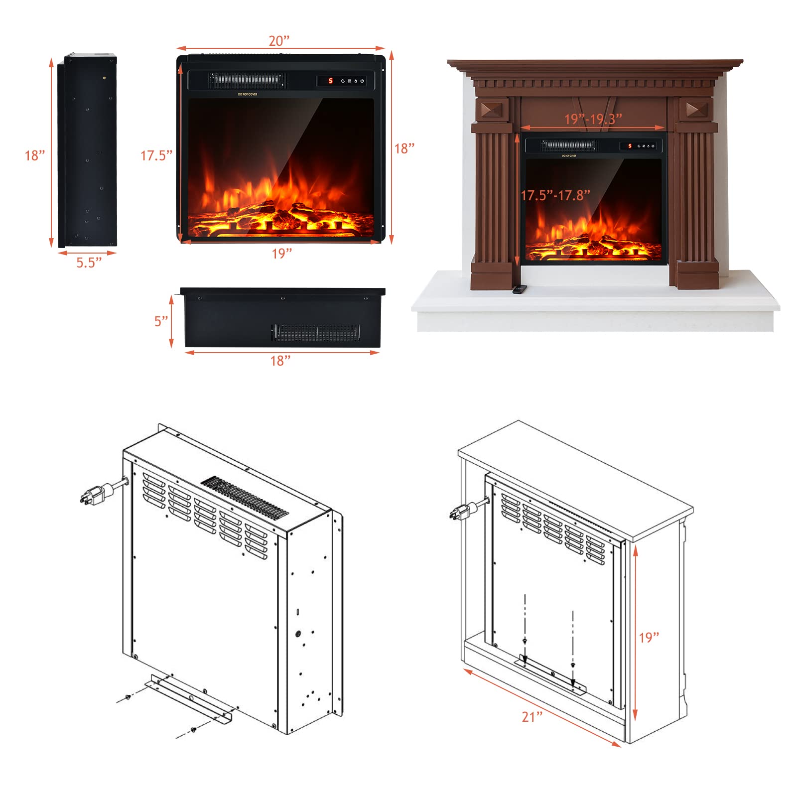 Giantex Electric Fireplace Insert Heater  Wall Recessed/Mounted Fire Places Electric Fireplace With Remote, 2 Modes Heat, 9H Tim