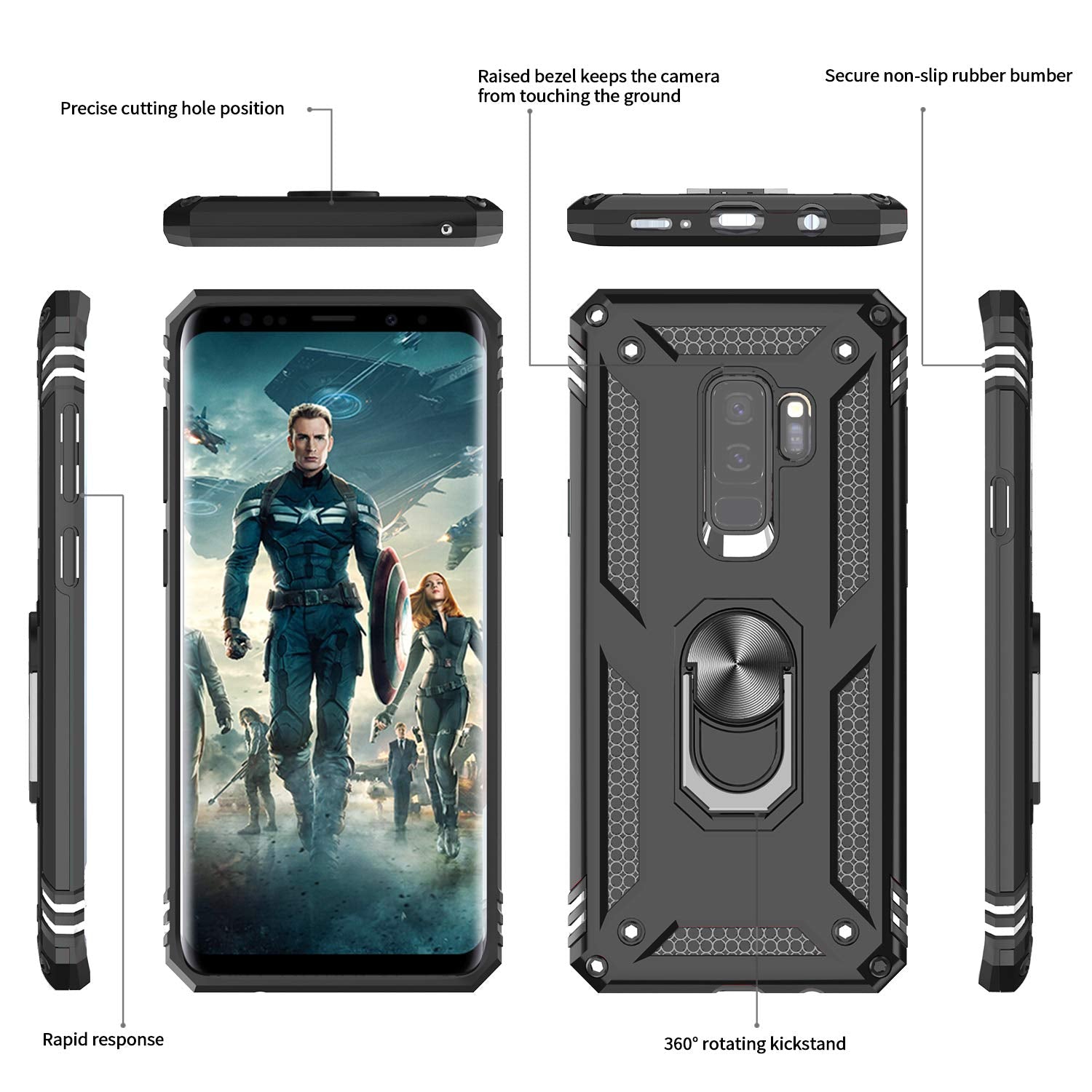 LeYi Samsung Galaxy S9 Plus Phone Case Military-Grade Magnetic Ring Stand Black with 2 Pack 3D Curved Screen Protector