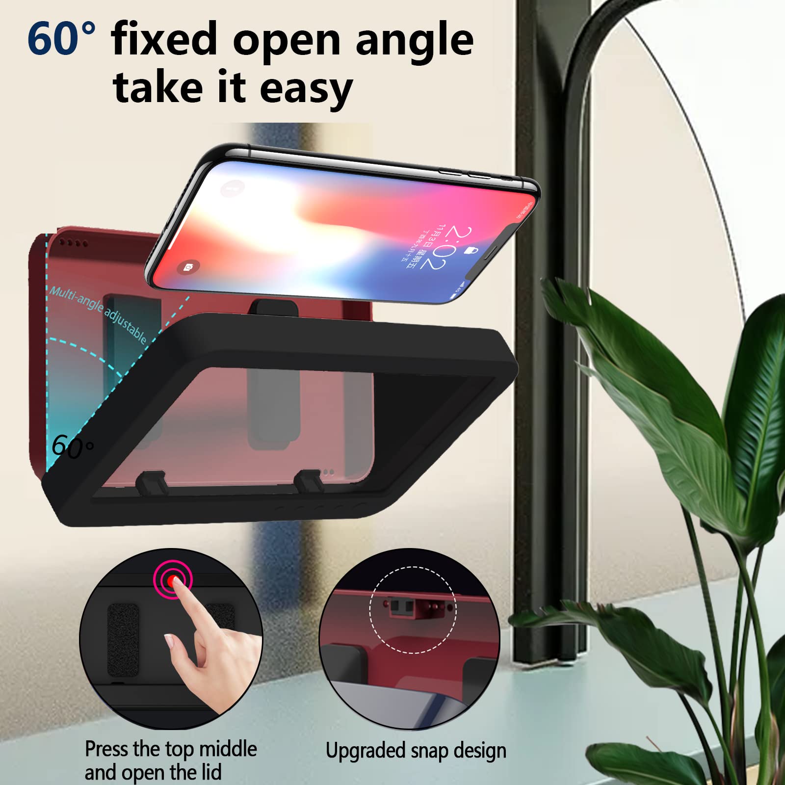 QeeHeng Shower Phone Holder Waterproof - Anti Fog Touch Screen, 360° Rotation Wall Mount for Under 7 Inch Phones, Black