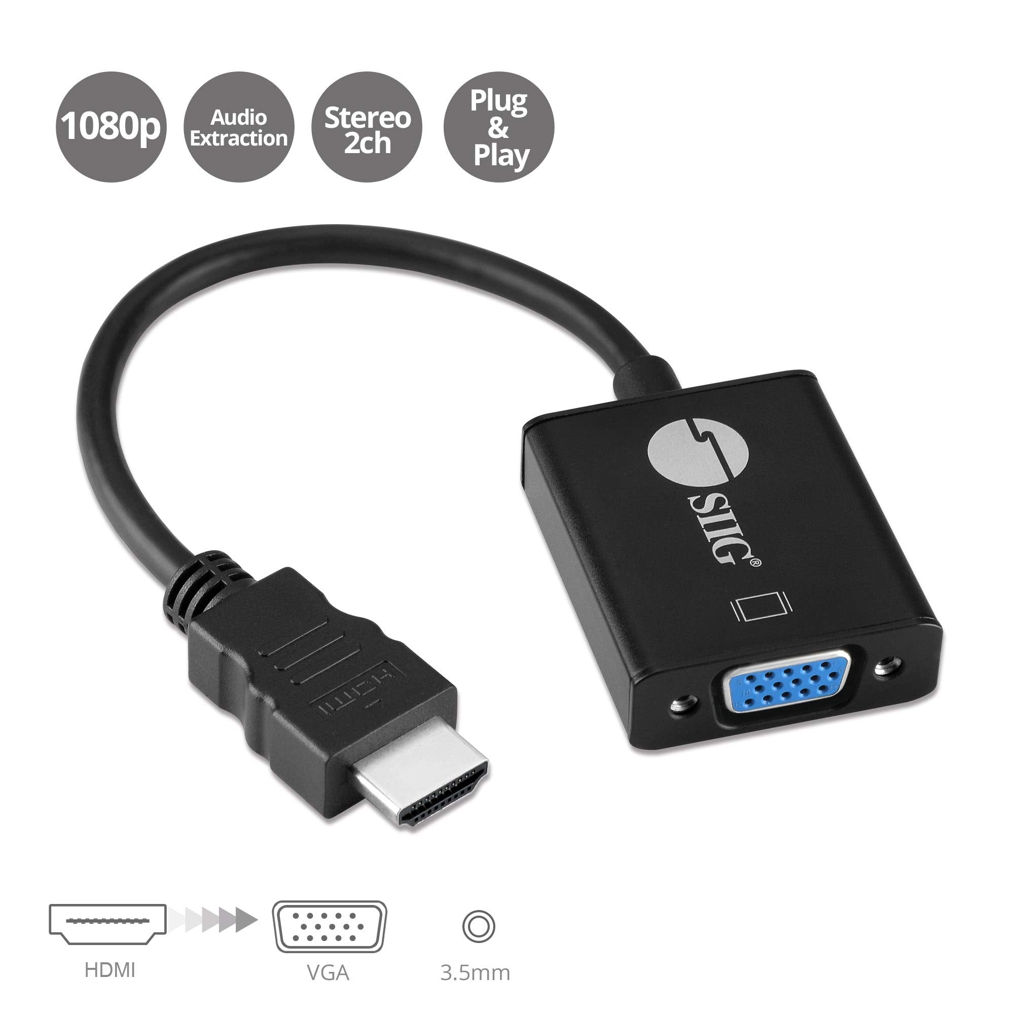 Siig Hdmi To Vga Converter Adapter With Audio Extraction, One Way Hdmi To Vga, 1080P@60Hz, 3.5Mm Stereo Audio Output, Not Suppor