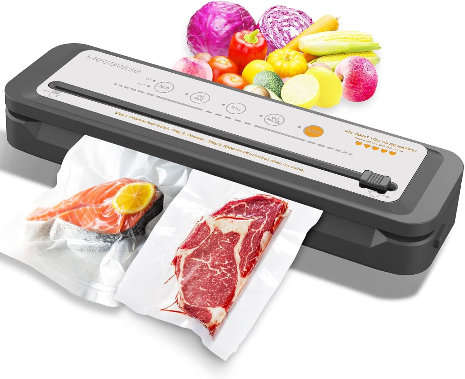 Megawise Vacuum Sealer Machine, Portable Strong Suction Power Food Sealer, Bags And Cutter Included With External Vacuum Functio